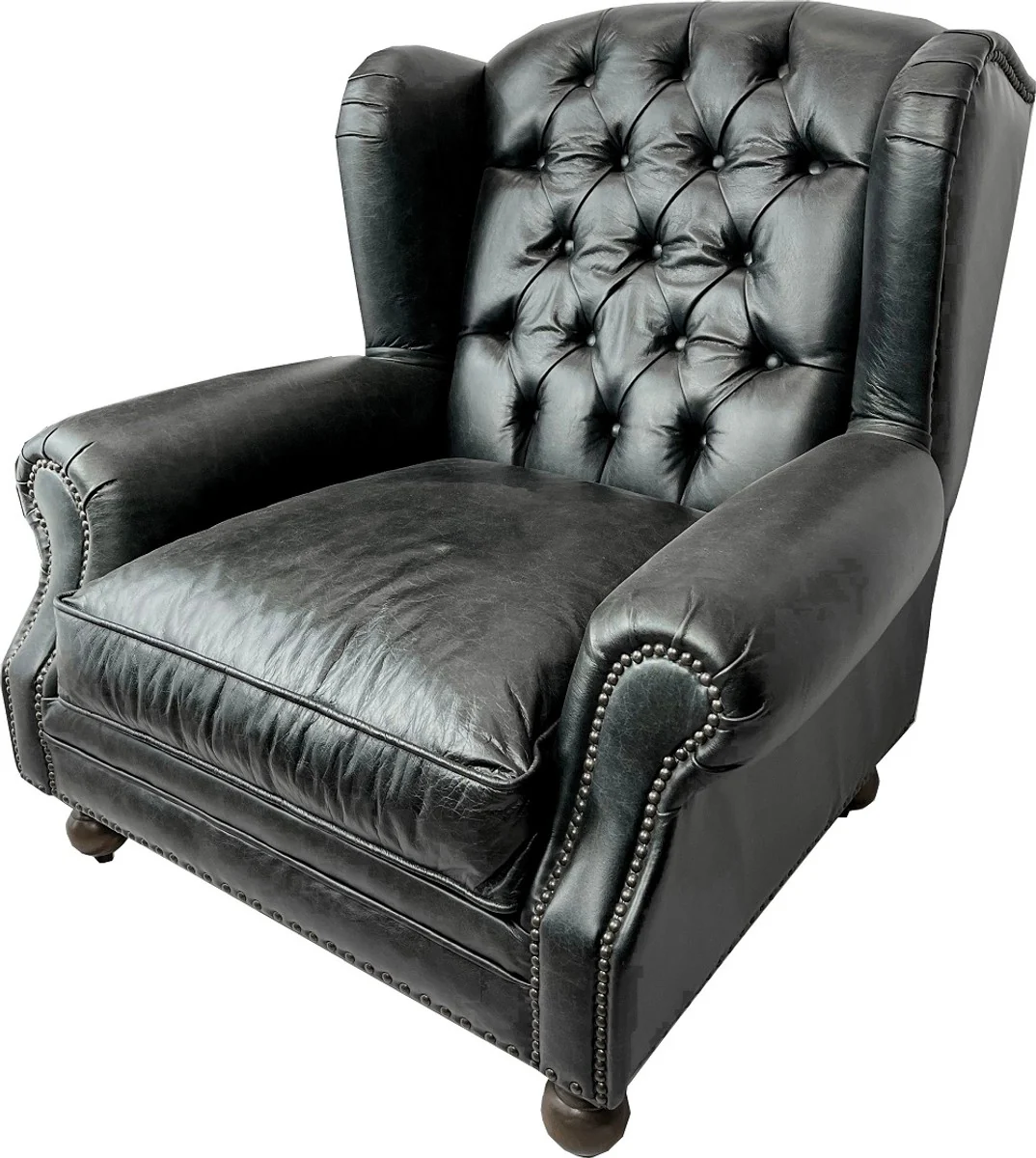 Luxury Chesterfield Leather Wing Chair Vintage Black / Dark Brown - Chesterfield Genuine Leather Living Room Armchair - Living Room Furniture - Chesterfield Furniture - Real Leather Furniture - Luxury Furniture