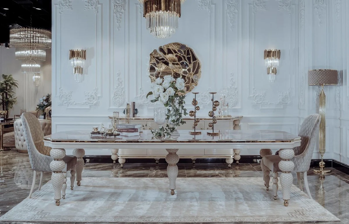 Luxury Art Deco dining table gray / white / gold 260 x 113 x H. 79 cm - Magnificent Art Deco dining room table with artificial marble table top - Art Deco dining room furniture - Luxury quality