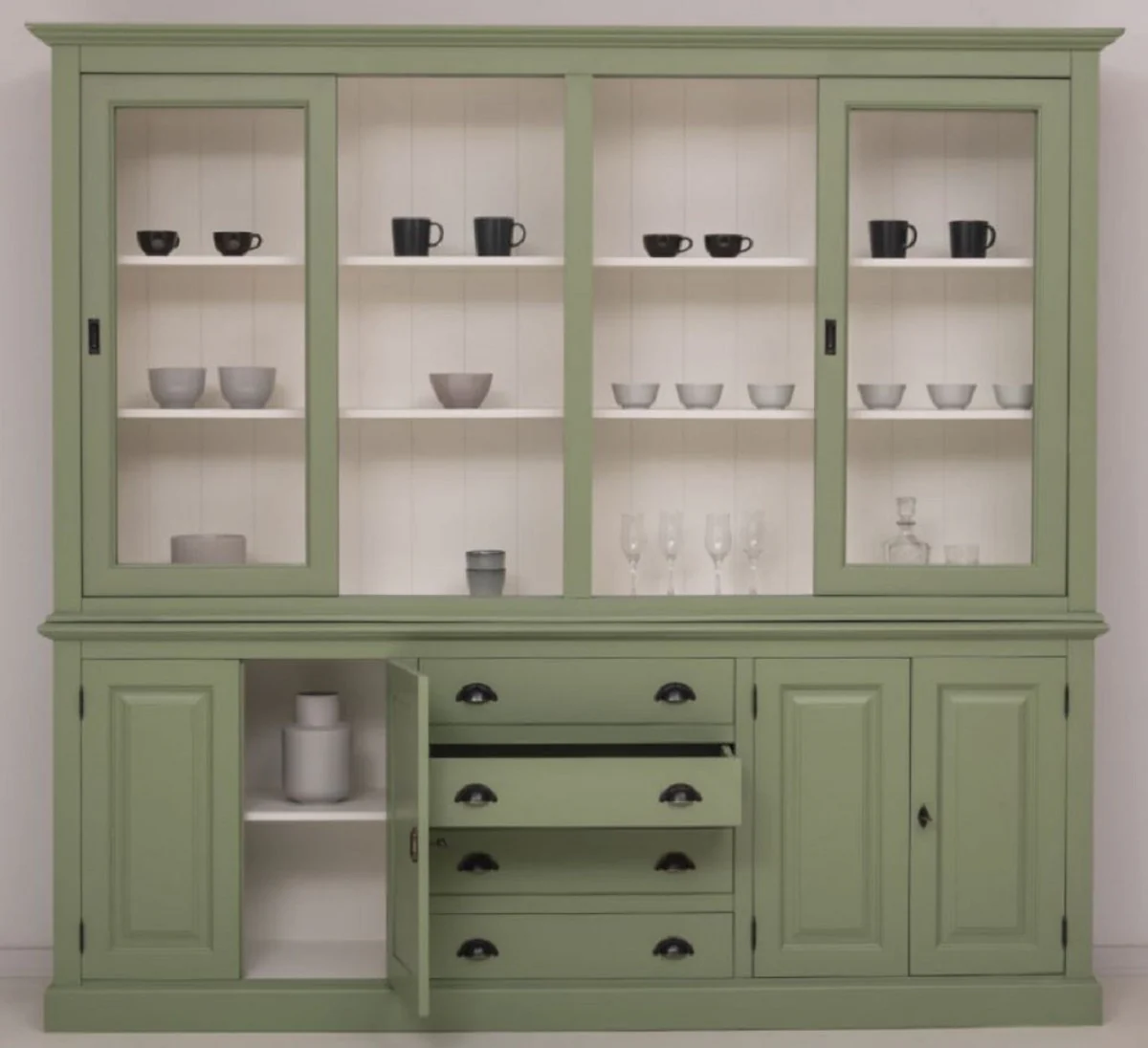 Country house style dining room cabinet green / white 240 x 47 x H. 220 cm - solid wood kitchen cabinet - dining room furniture in country house style - country house style dining room furnishings