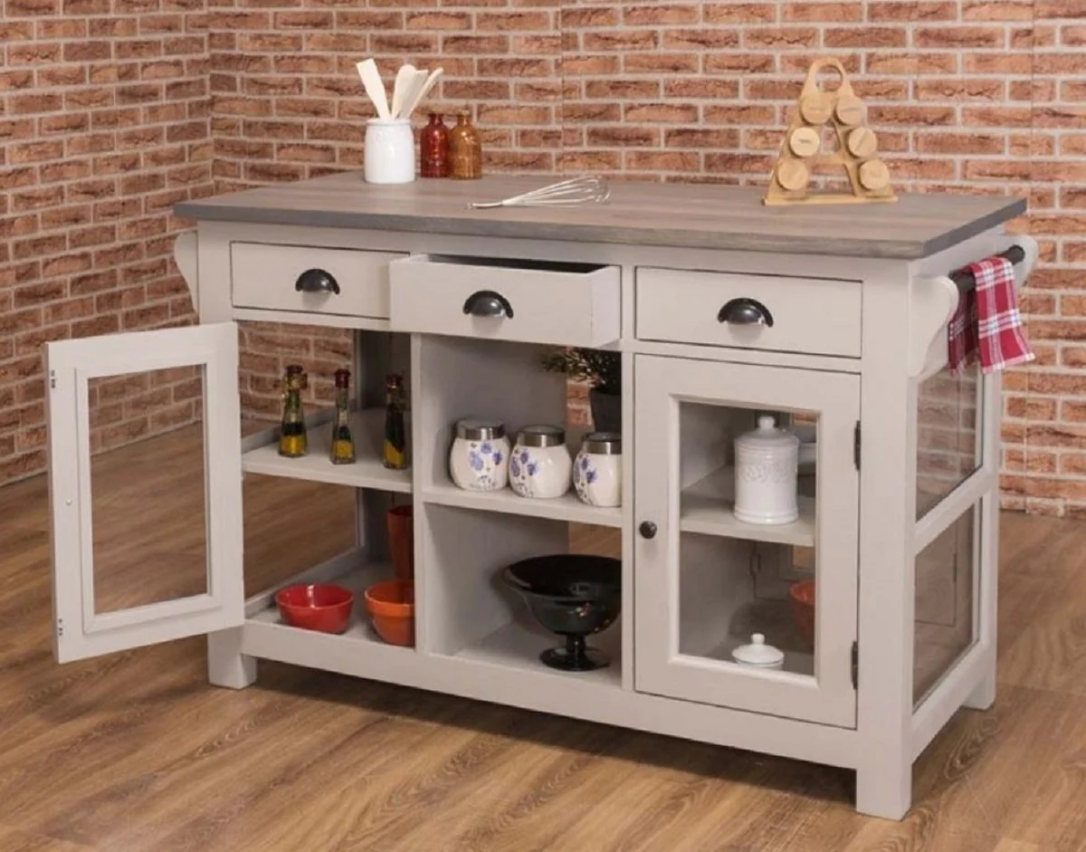 Country house style kitchen island gray 135 x 65 x H. 90 cm - solid wood kitchen cabinet - country house style solid wood kitchen furniture - solid wood dining room furniture in country house style