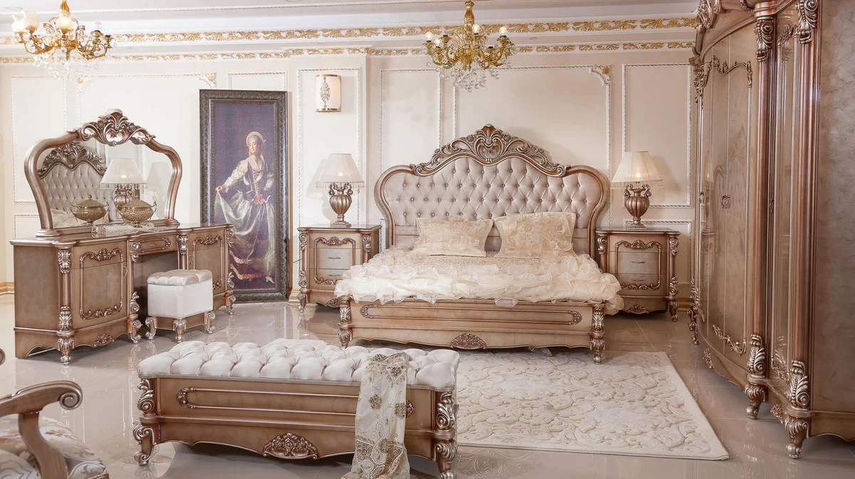Luxury Baroque Bedroom Set Gray / Copper / Silver - 1 double bed with headboard & 2 nightstands - Baroque Bedroom Furniture - Luxury Furniture in Baroque Style - Noble & Magnificent