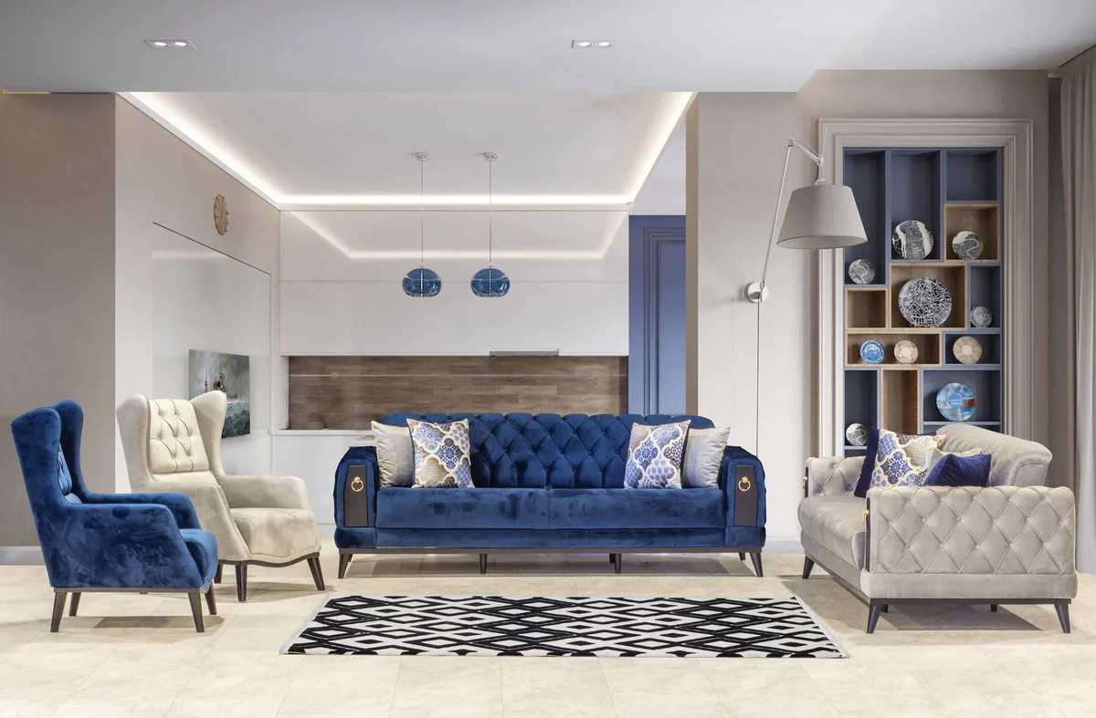 Chesterfield wing chair blue / black 80 x 80 x H. 90 cm - Modern living room armchair - Chesterfield furniture - Living room furniture