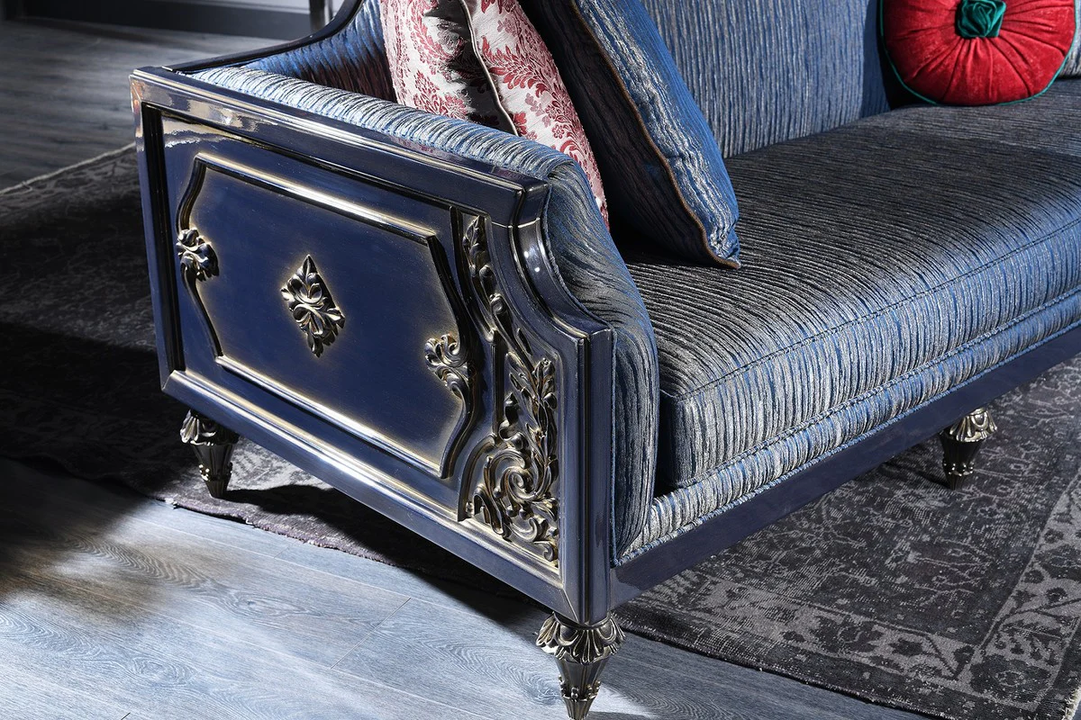Luxury baroque sofa blue / gold / black 240 x 88 x H. 85 cm - Baroque living room furniture