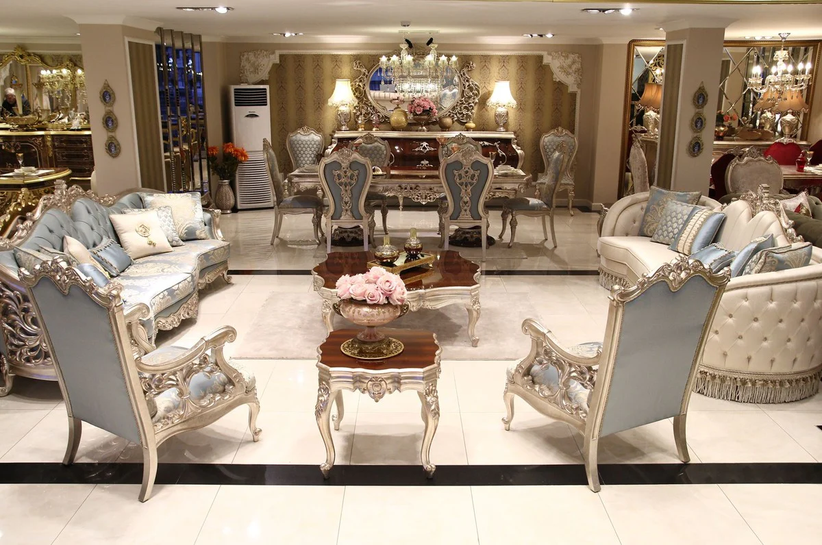 Luxury baroque coffee table dark brown / silver 130 x 130 x H. 47 cm - magnificent solid wood living room table - baroque living room furniture