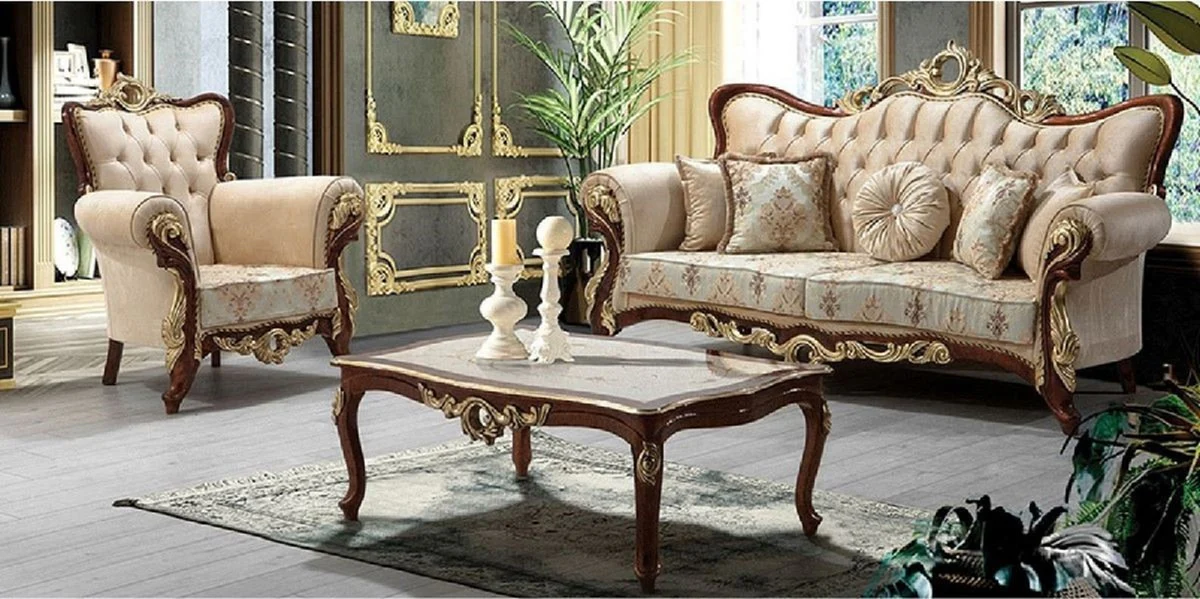 Luxury Baroque Sofa Beige / Brown / Gold 230 cm - Baroque Living Room Furniture