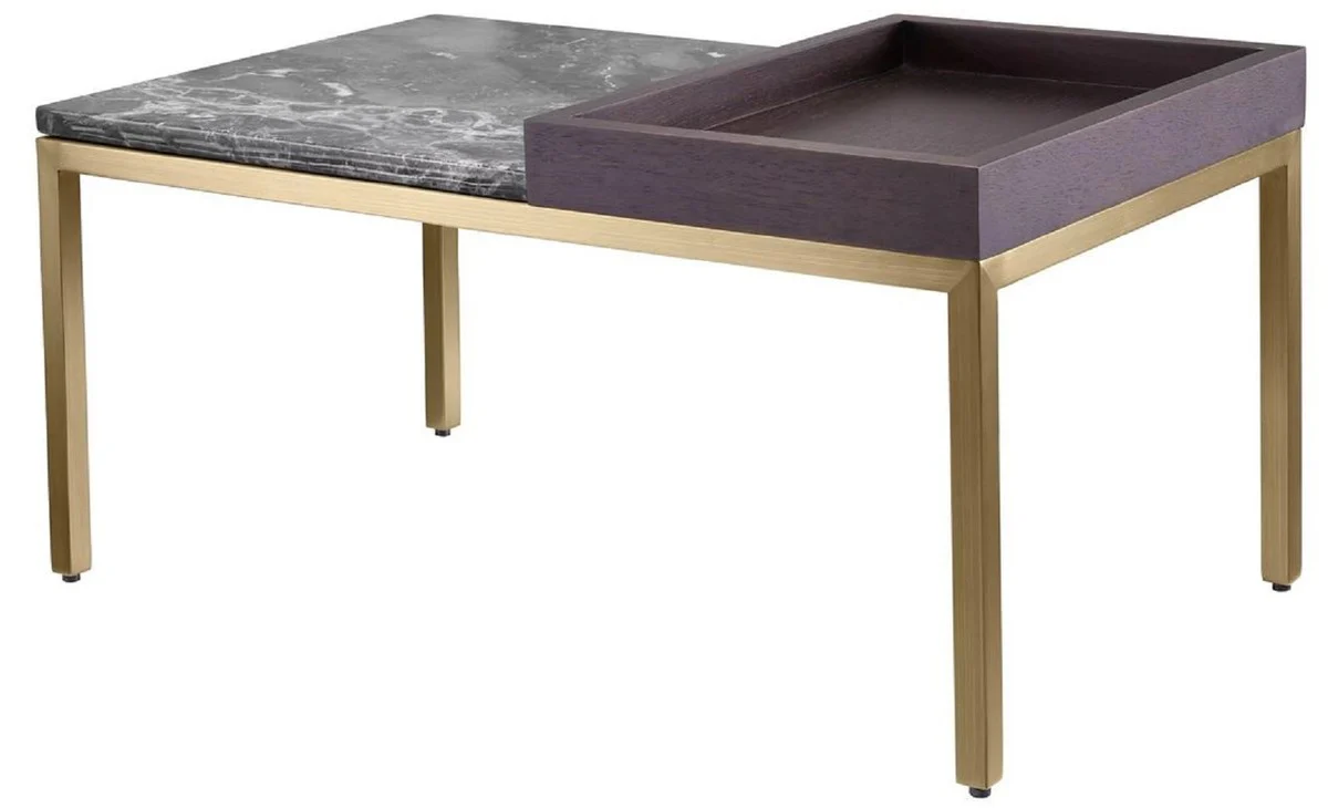 Luxury side table brass / brown / gray 70 x 40 x H. 35 cm - Rectangular brass table with walnut veneer and marble top - Living room furniture - Luxury furniture - Luxury furnishings