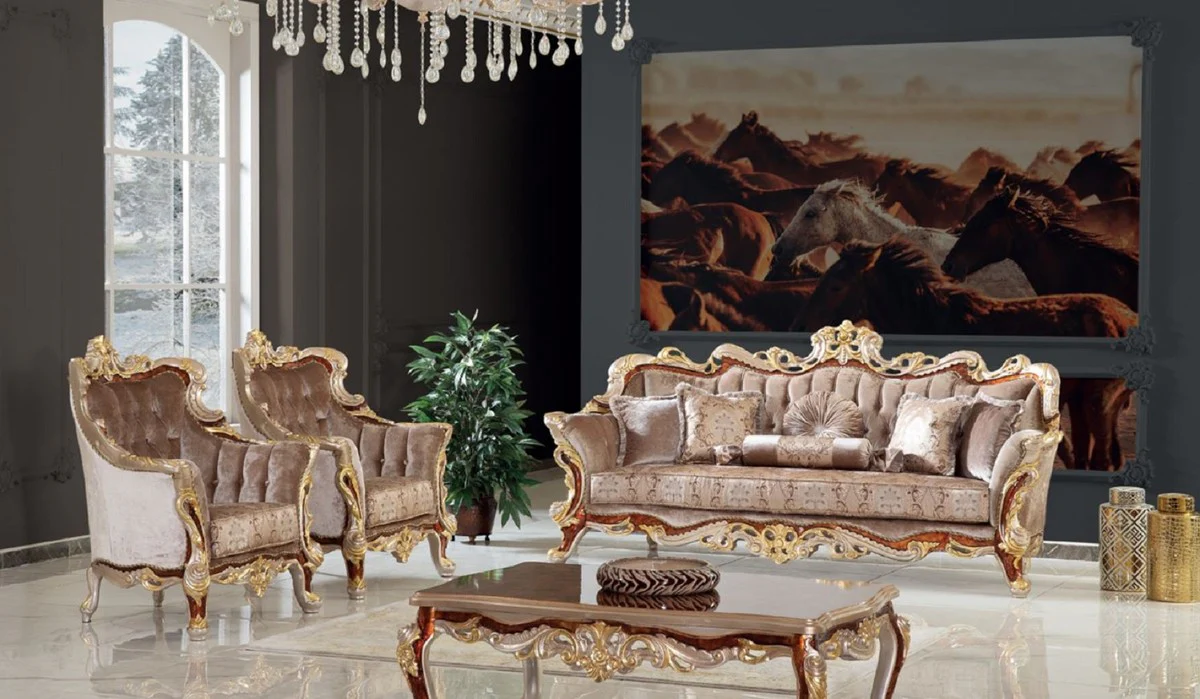 Luxury baroque sofa gray / brown / silver / gold 255 x 95 x H. 118 cm - magnificent living room sofa with an elegant pattern - furniture in the baroque style