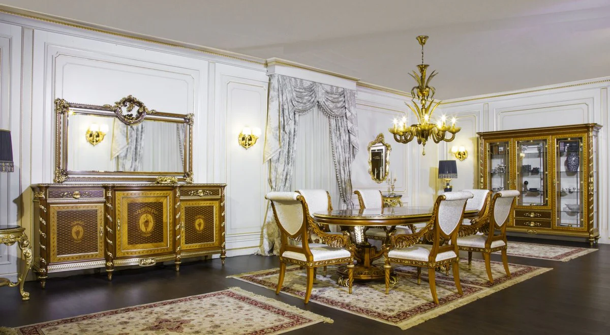 Luxury baroque display cabinet light brown / brown / gold 239 x 57 x H. 221 cm - Magnificent solid wood display cabinet with 3 glass doors - Hotel Restaurant Castle Furniture - Luxury Quality - Made in Italy