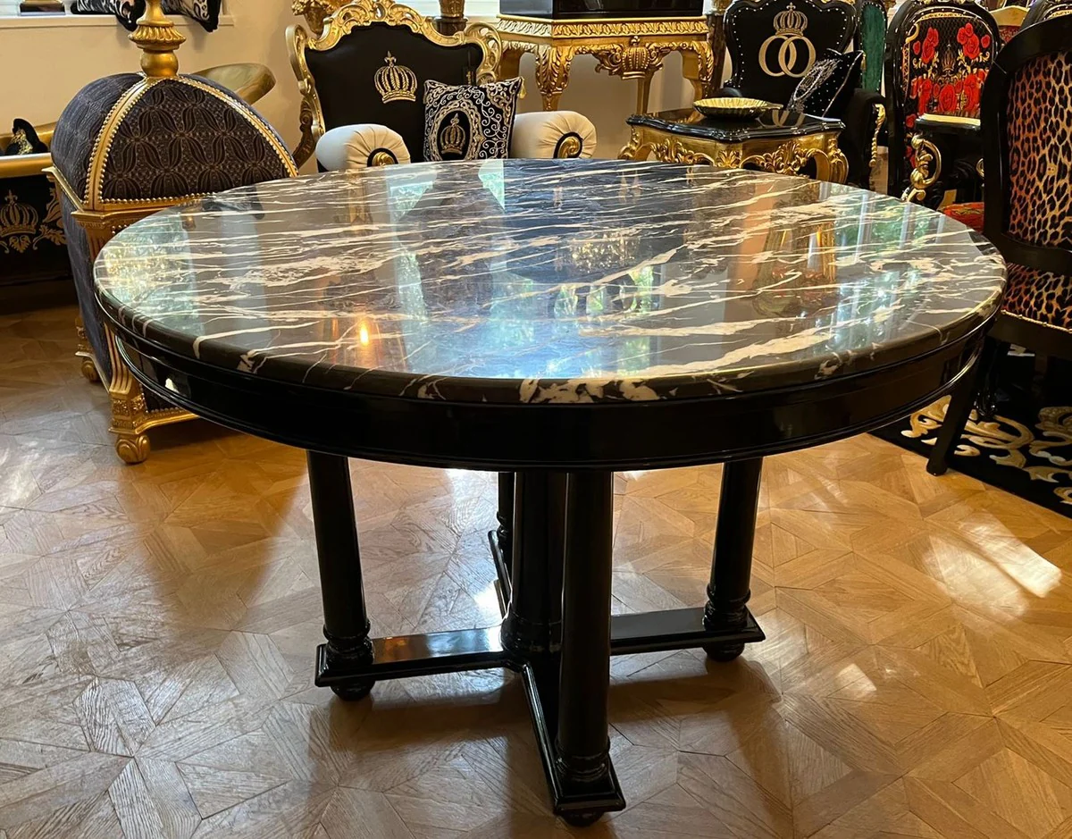 Luxury dining table black Ø 120 x H. 80 cm - Round solid wood kitchen table with marble top - Dining room furniture - Luxury furniture