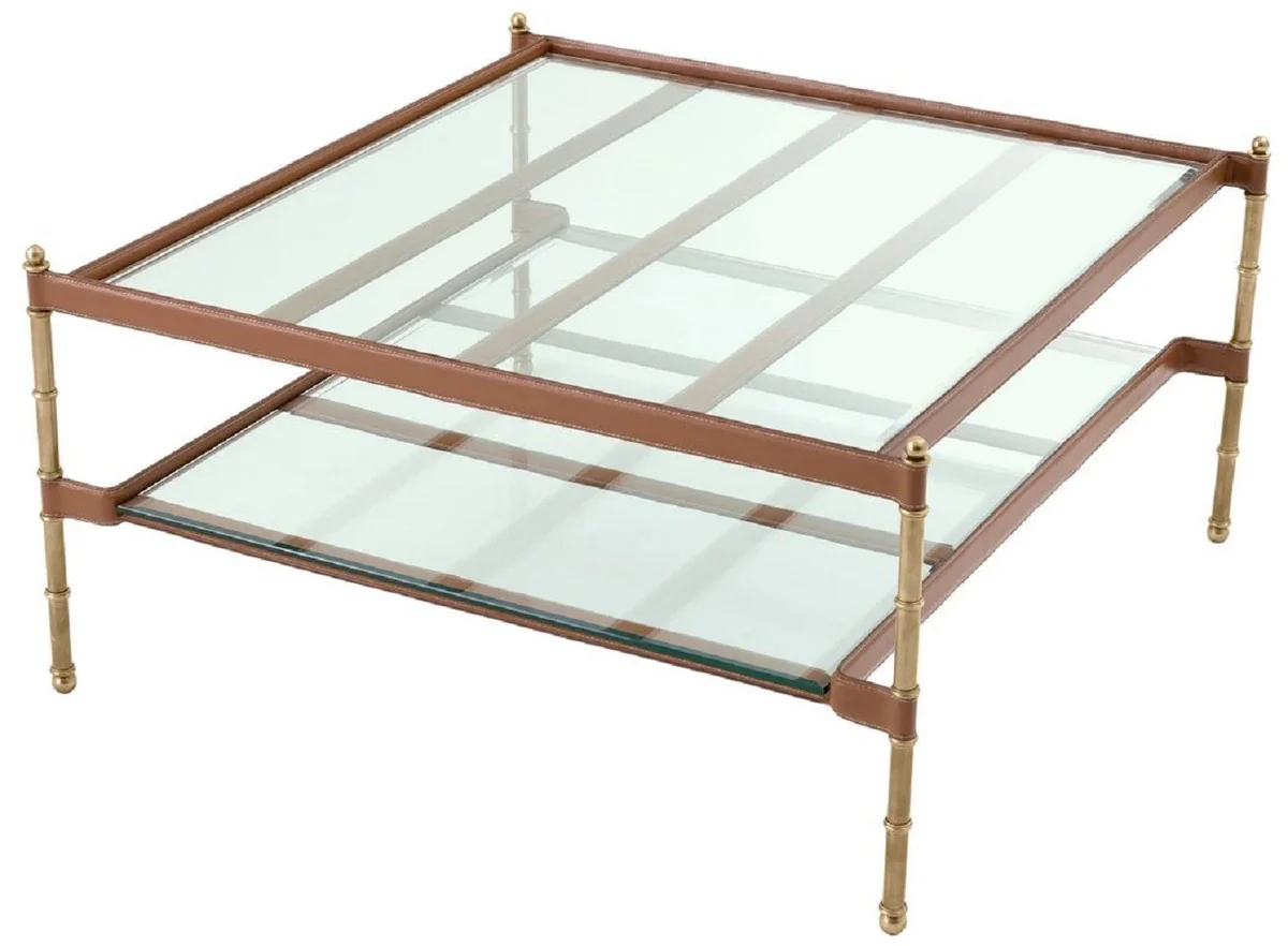 Luxury coffee table vintage brass / brown 89 x 87.5 x H. 44 cm - Living room table with glass tops and real leather - Living room furniture - Hotel furniture - Luxury furniture - Luxury furnishings
