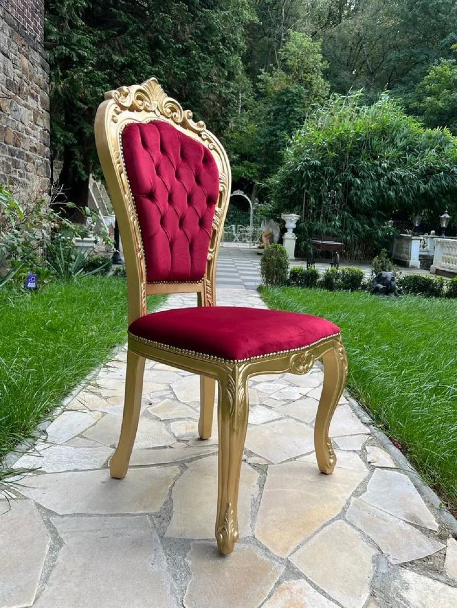 Luxury baroque dining room chair burgundy red / gold - handmade antique style chair with elegant velvet fabric - magnificent dining room furniture in baroque style