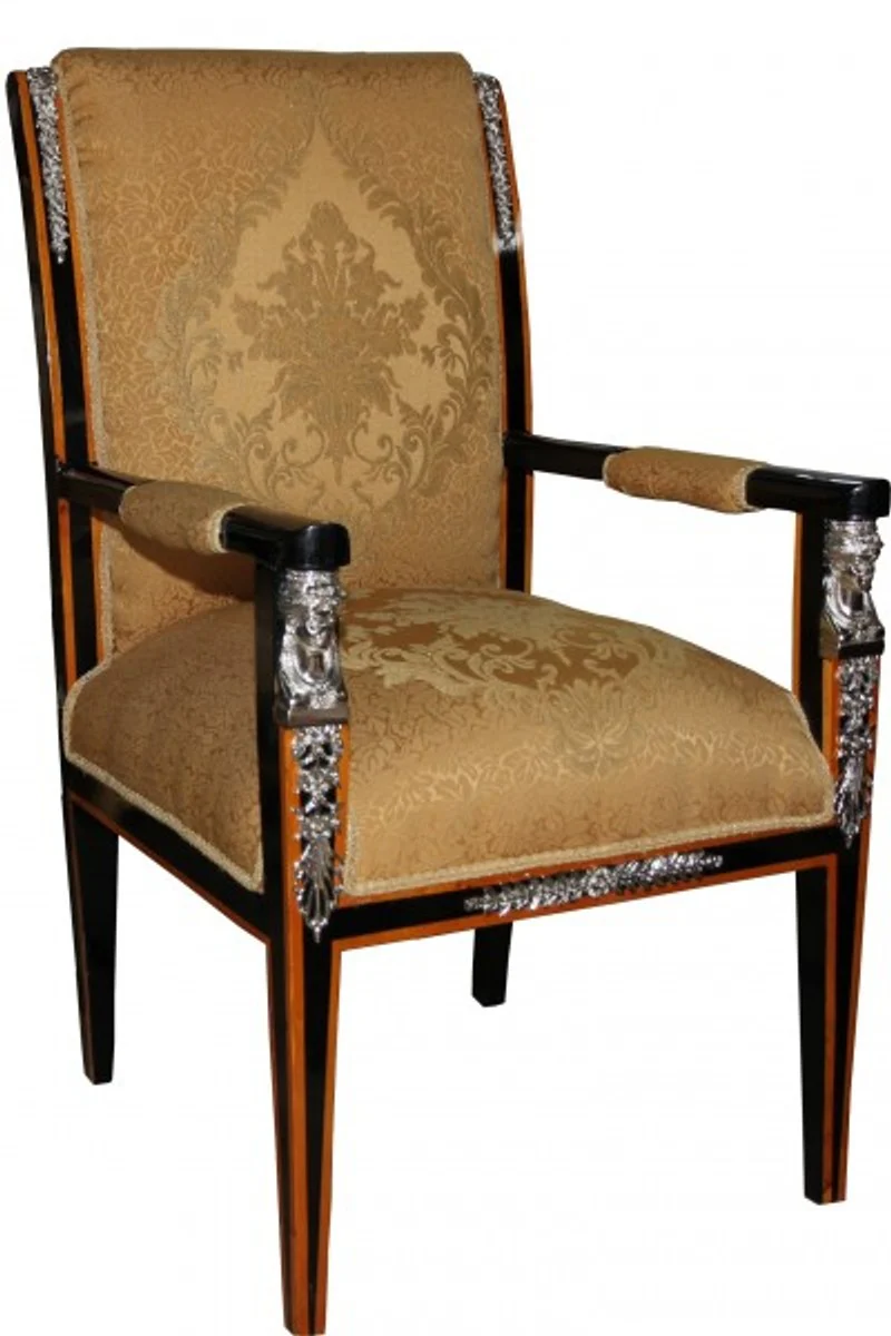 Baroque Empire Salon Set of 4 Gold Pattern / Black / Mahogany / Silver - Bench + 2 Armchairs + Coffee Table