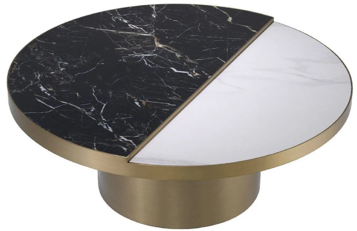 Luxury coffee table black / white / brass Ø 89 x H. 55.5 cm - Round stainless steel living room table with 2 semicircular ceramic plates - Living room furniture - Luxury furniture