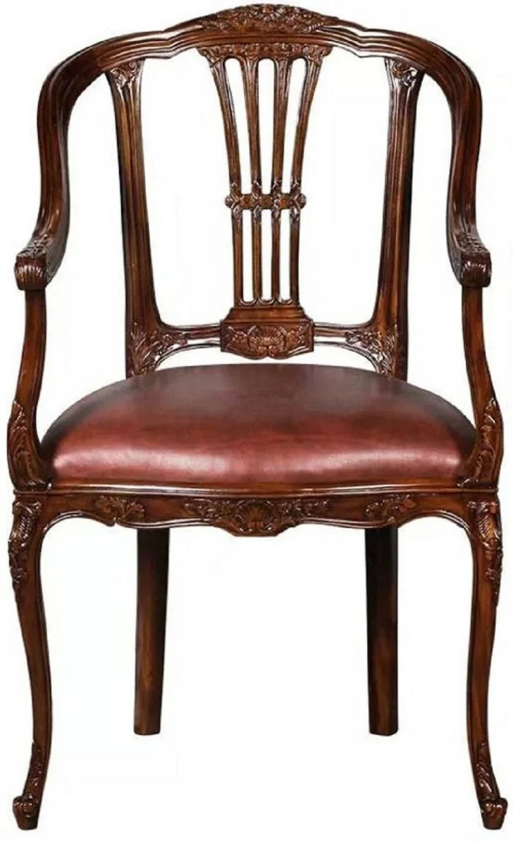Luxury Baroque Leather Dining Room Chair Set of 6 with Armrests Brown - Magnificent Baroque Style Real Leather Kitchen Chairs - Luxury Baroque Dining Room Furniture - Noble & Magnificent