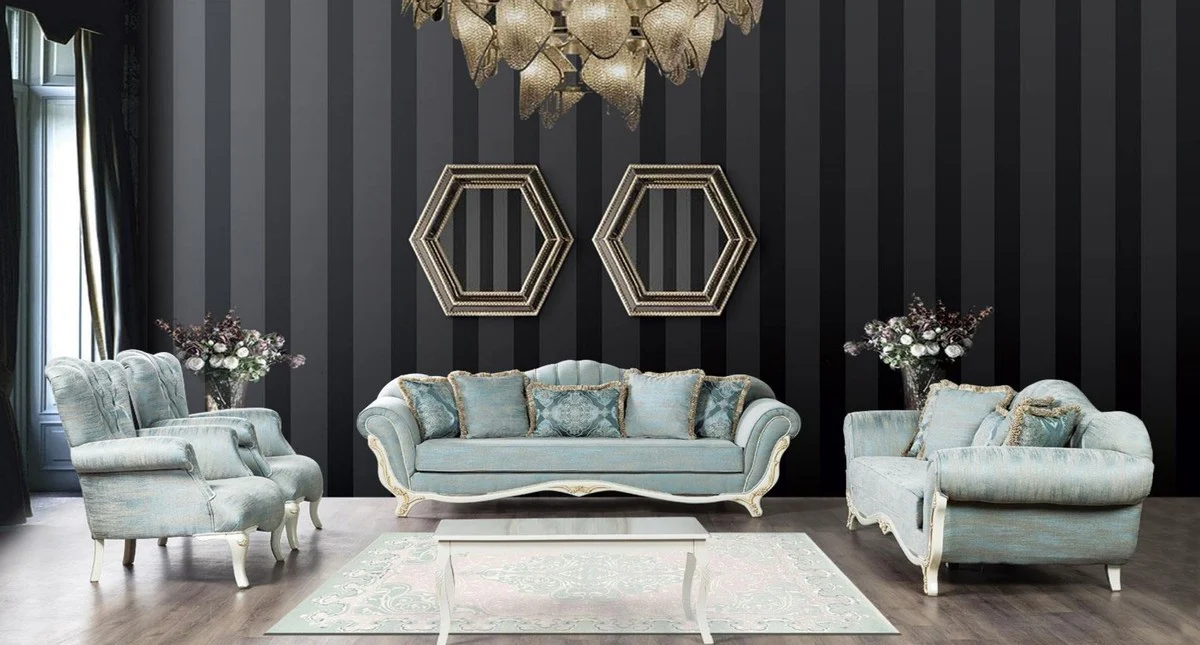 Luxury Baroque Living Room Set Turquoise / White / Gold - 2 Baroque Sofas & 2 Baroque Armchairs & 1 Baroque Coffee Table - Baroque Living Room Furniture