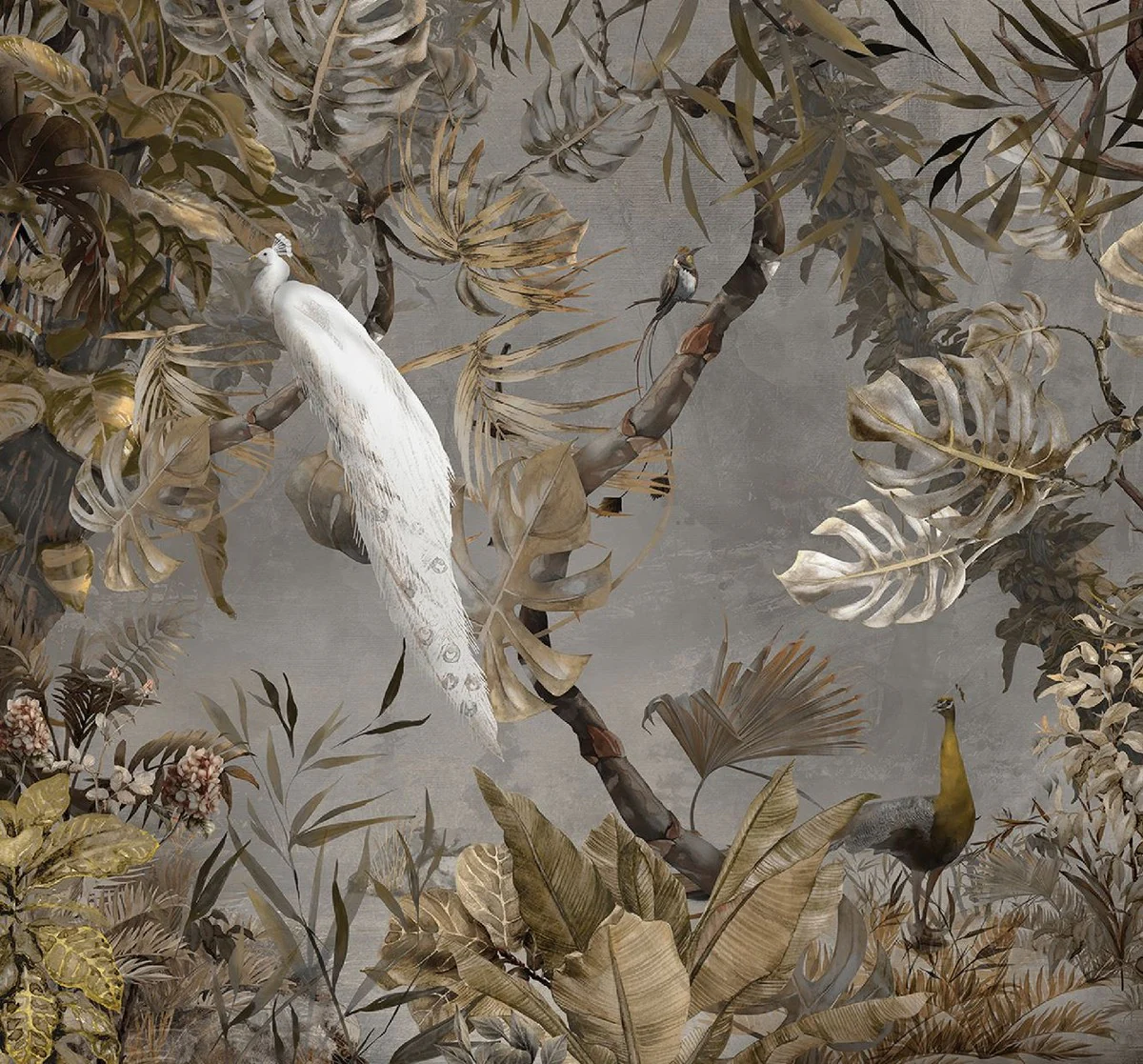 Luxury Curtain Set White Peacock in the Forest Gray / Multicolored 250 x H. 290 cm - Printed Linen & Velvet Curtains - Eyelet Curtains - Sliding Curtains - Luxury Living Room Curtains