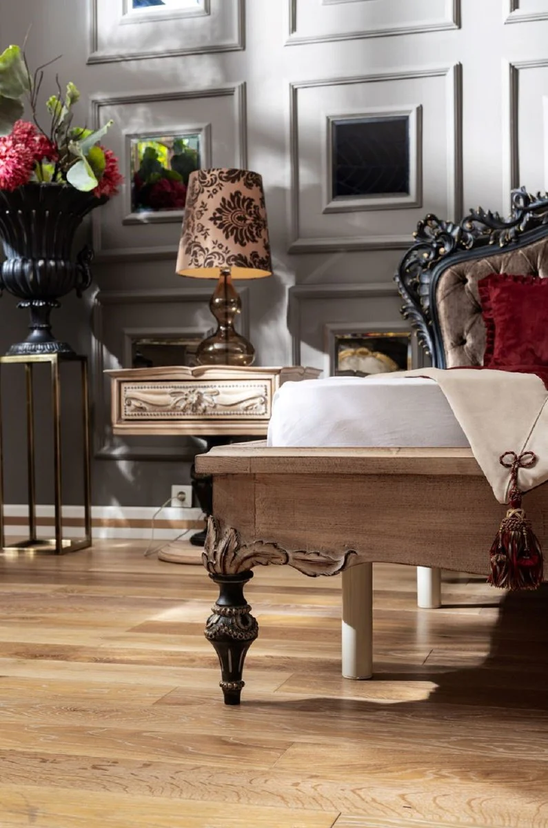 Luxury baroque double bed dark brown / natural colors / black / gold - elegant solid wood bed with headboard - magnificent bedroom furniture in the baroque style