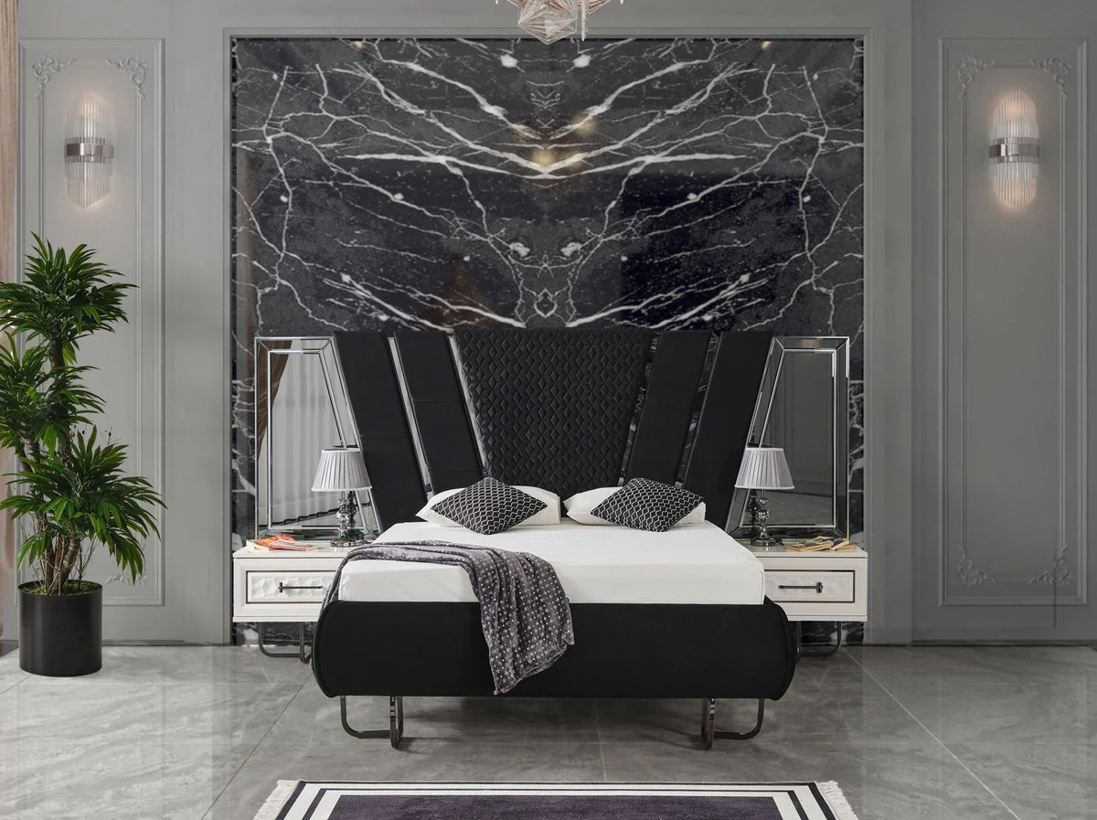 Luxury Art Deco Bedroom Set Black / White / Bronze - 1 Double Bed with Headboard & 2 Nightstands - Art Deco Bedroom Furniture - Luxury Bedroom Furniture - Luxury Furnishings