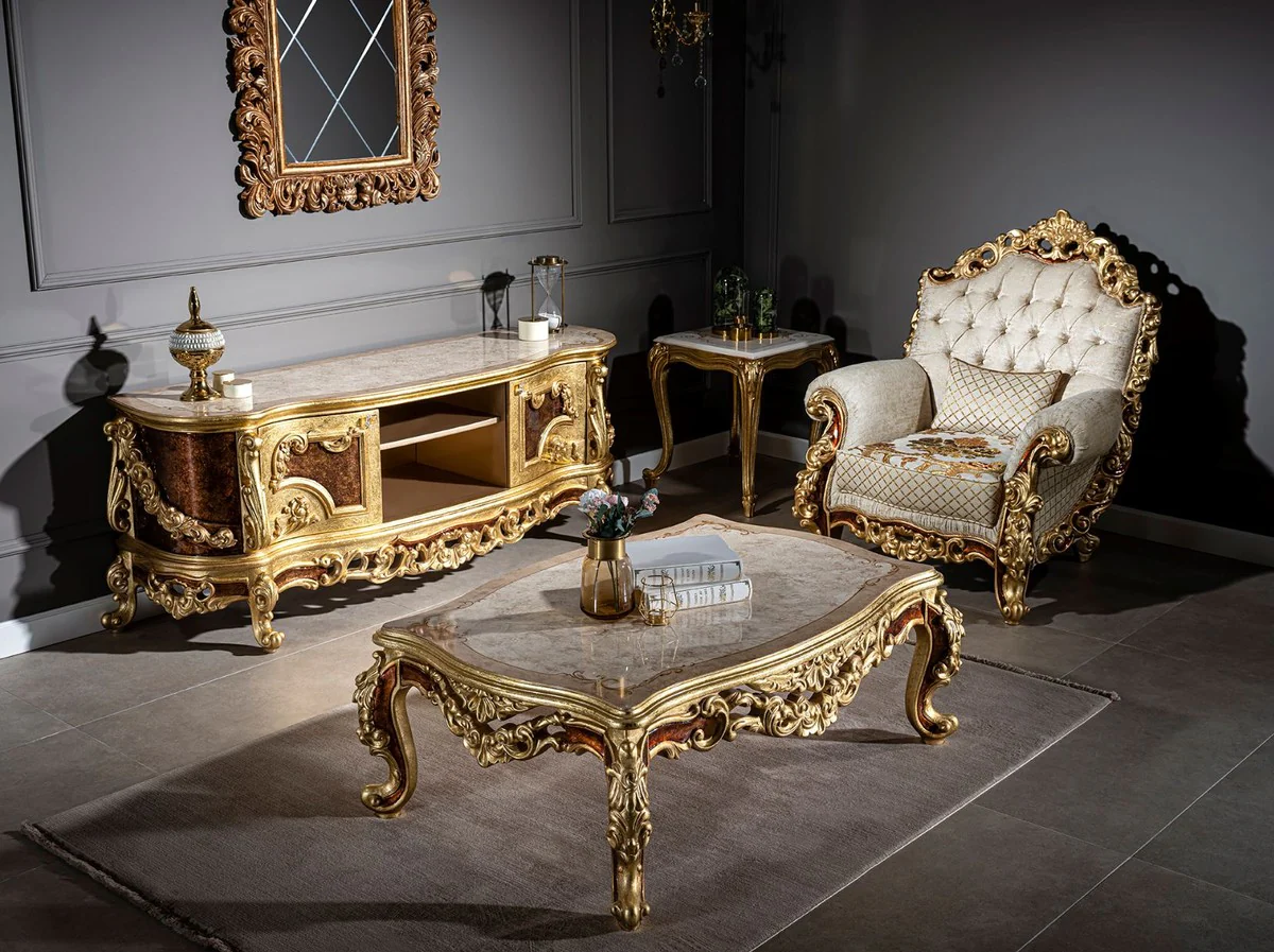 Luxury baroque coffee table cream / beige / brown / gold 120 x 82 x H. 47 cm - Elegant solid wood living room table in baroque style - Magnificent baroque furniture