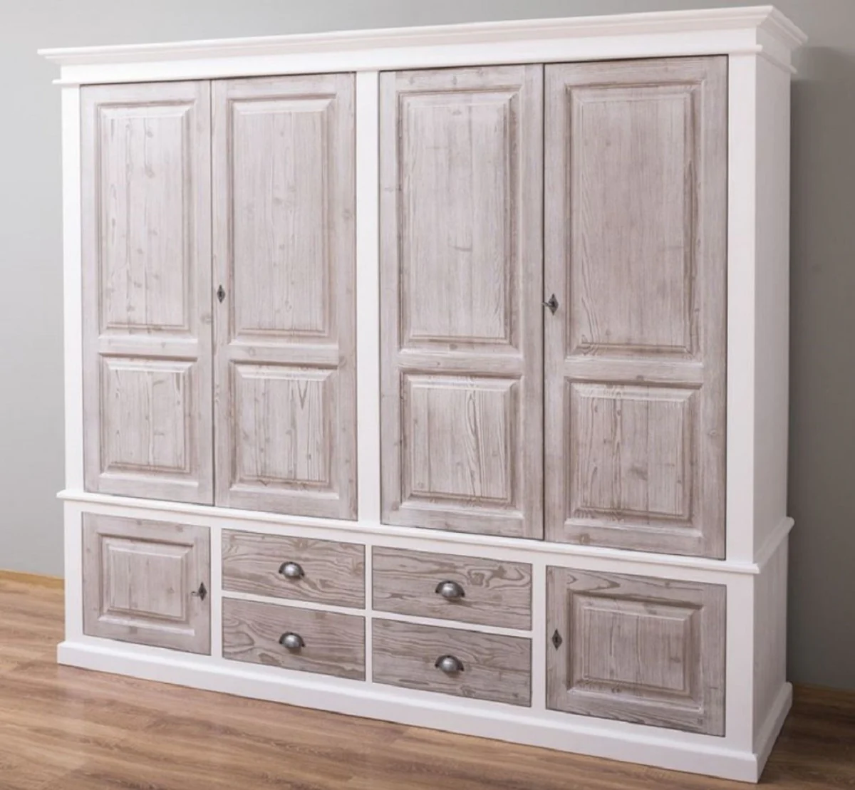 Country house style bedroom wardrobe white / natural colors 232 x 59 x H. 197 cm - solid wood wardrobe with 6 doors and 4 drawers - solid wood bedroom furniture in country house style