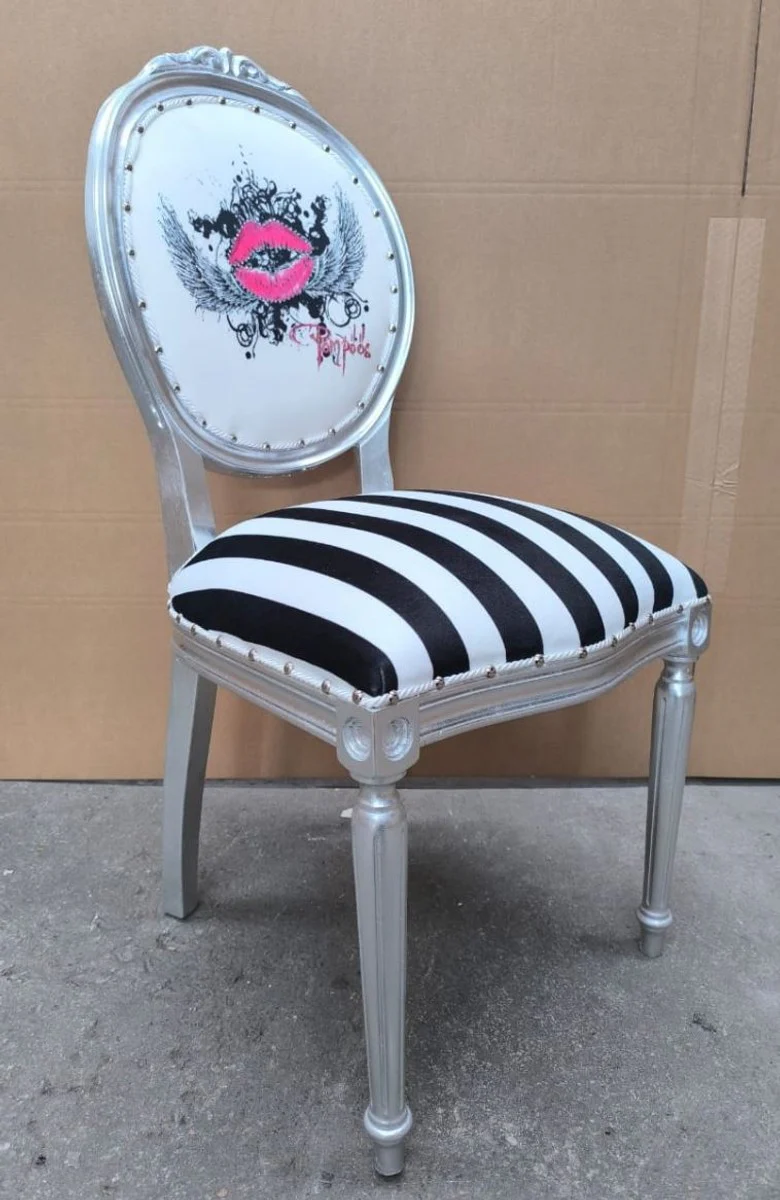 Pompöös by Luxury Baroque Dining Room Chair White / Black / Silver - designed by Harald Glööckler