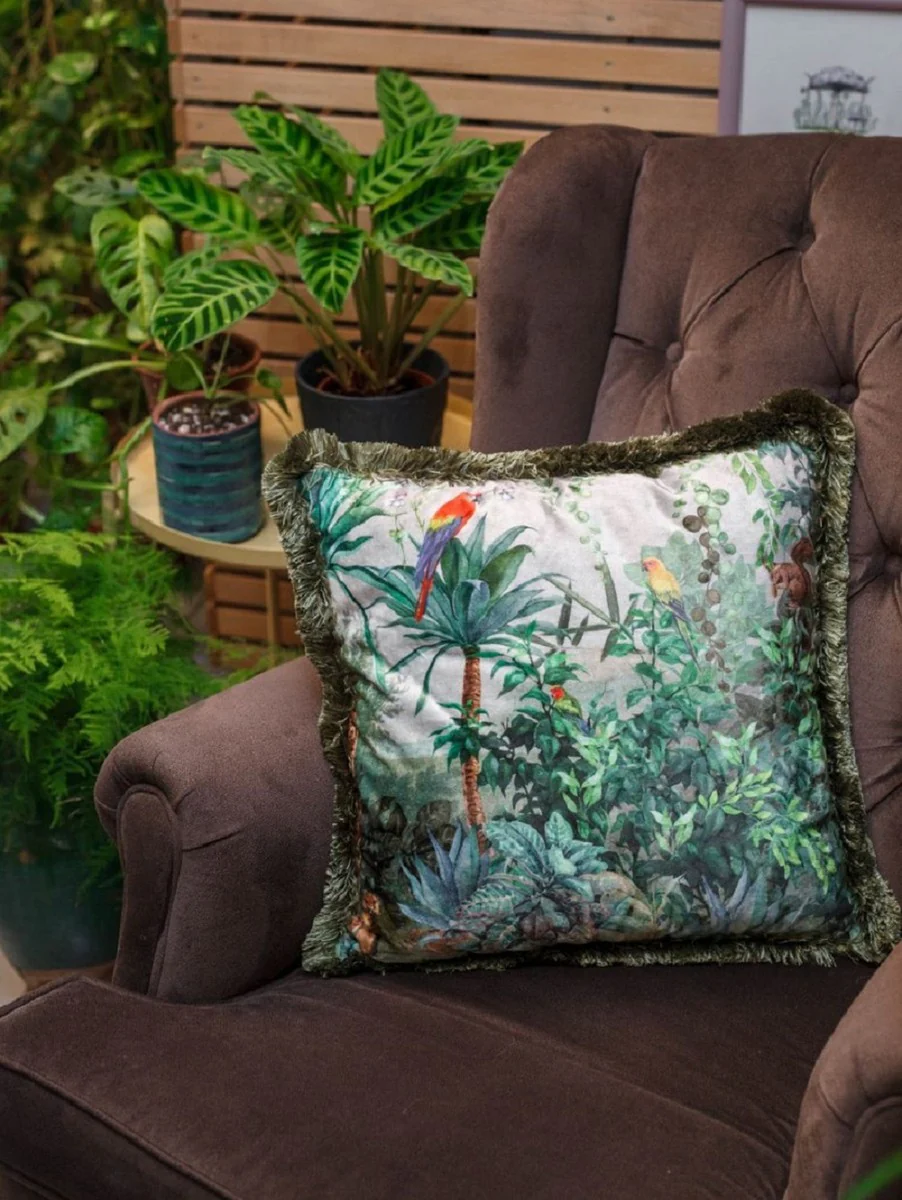 Luxury decorative cushion jungle & parrots multicolored / green 45 x 45 cm - printed velvet cushion with fringes - living room decorative accessories