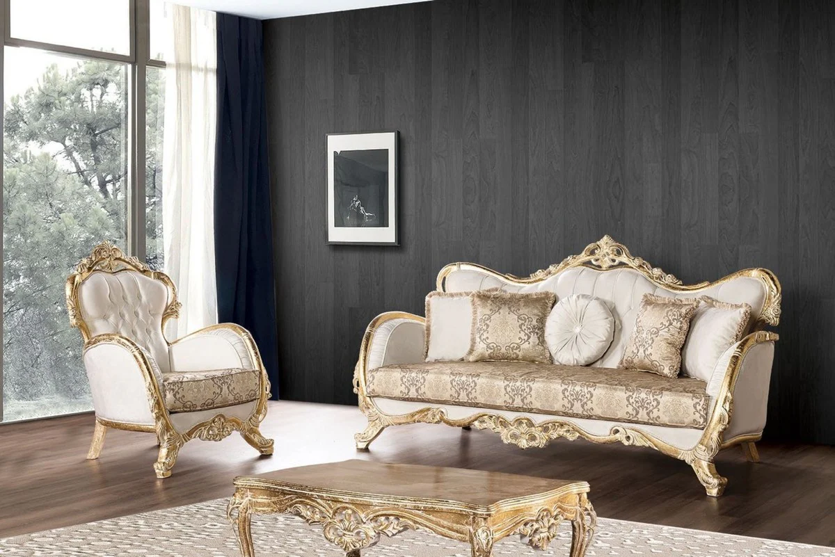 Luxury Baroque Sofa White / Multicolored / Antique Gold - Magnificent Living Room Sofa with Elegant Pattern - Baroque Living Room Furniture - Noble & Magnificent