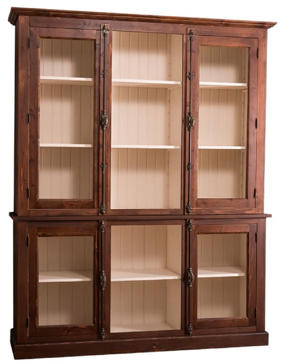 Country house style living room cabinet dark brown / cream 184 x 48 x H. 228 cm - solid wood display cabinet with 4 glass doors