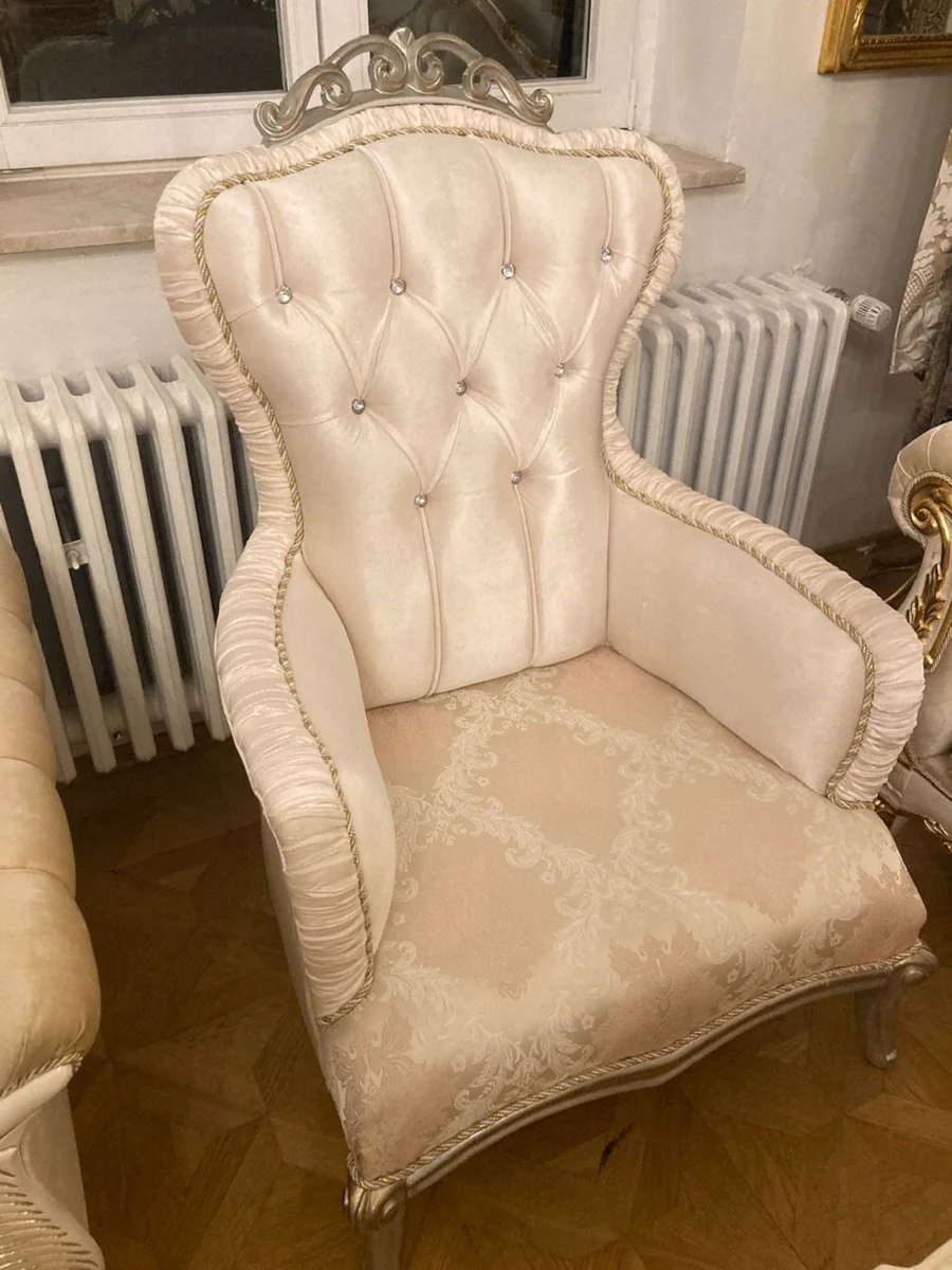 Luxury baroque armchair pink / silver - magnificent living room armchair with glittering stones - luxury living room furniture in baroque style - baroque furniture - baroque furnishings - noble & magnificent