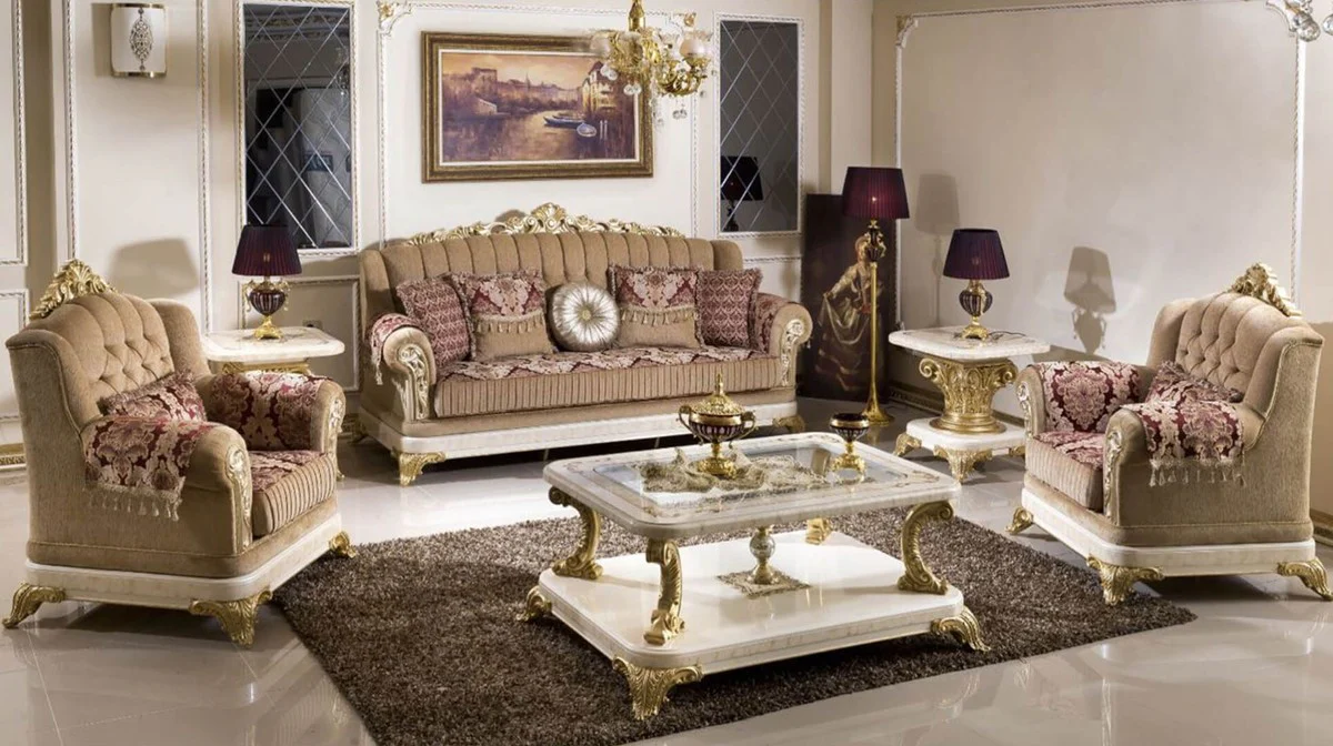 Luxury baroque coffee table with glass top white / beige / gold - magnificent solid wood living room table in baroque style - baroque living room furniture - noble & magnificent