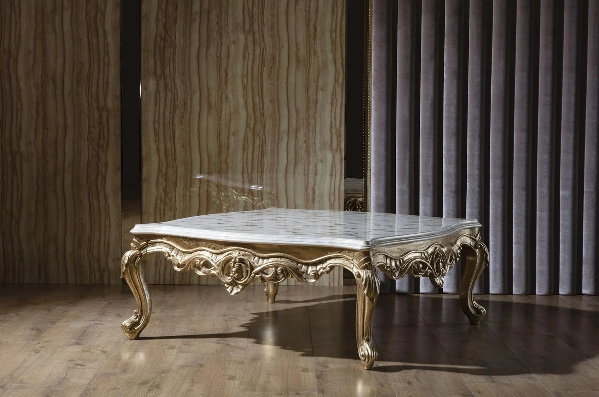 Luxury baroque coffee table white / gold 130 x 130 x H. 51 cm - magnificent solid wood living room table - baroque living room furniture