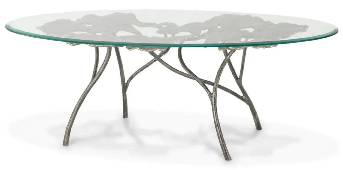 Luxury coffee table vintage brass 130 x 70 x H. 46 cm - Oval aluminum living room table with glass top - Luxury furniture - Living room furniture - Luxury furnishings
