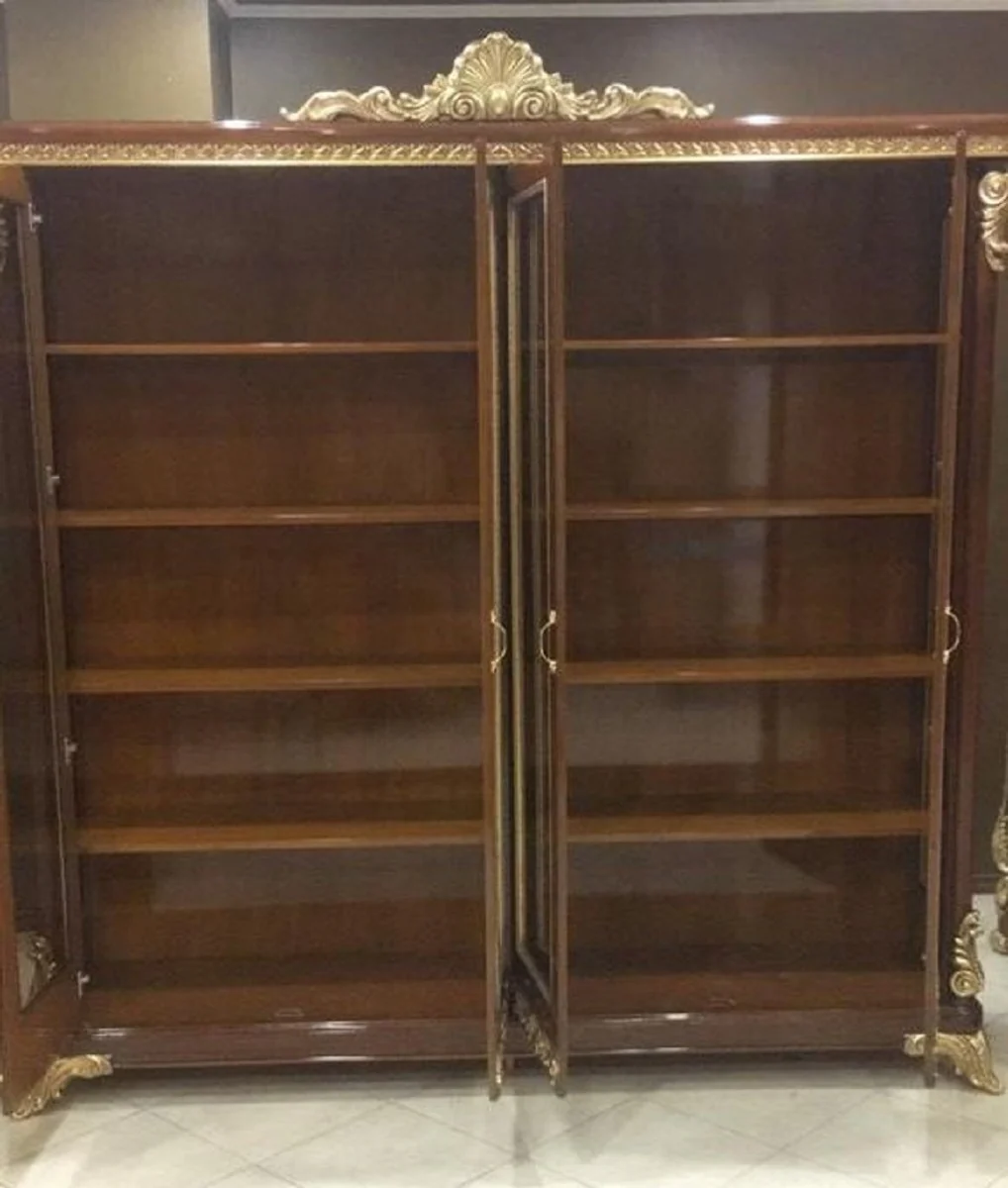 Luxury baroque bookcase brown / gold - magnificent solid wood cabinet with 4 glass doors - handmade baroque office furniture - noble and magnificent