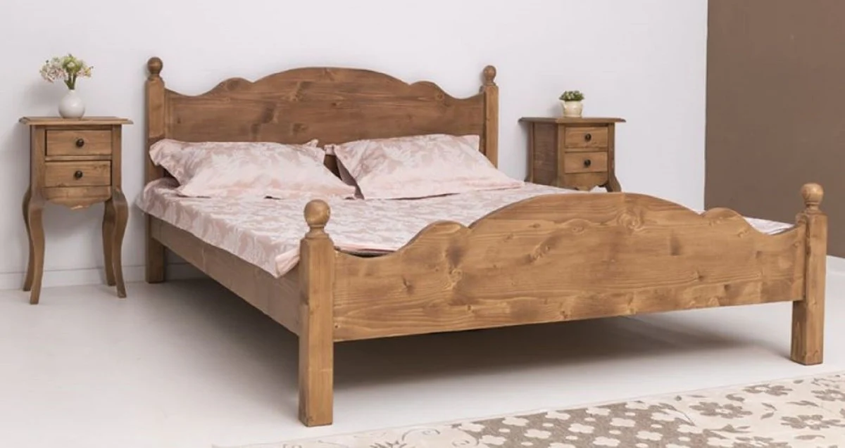 Country house style solid wood bedroom set brown - 1 country house style double bed & 2 country house style bedside tables - solid wood bedroom furniture - bedroom furniture in country house style