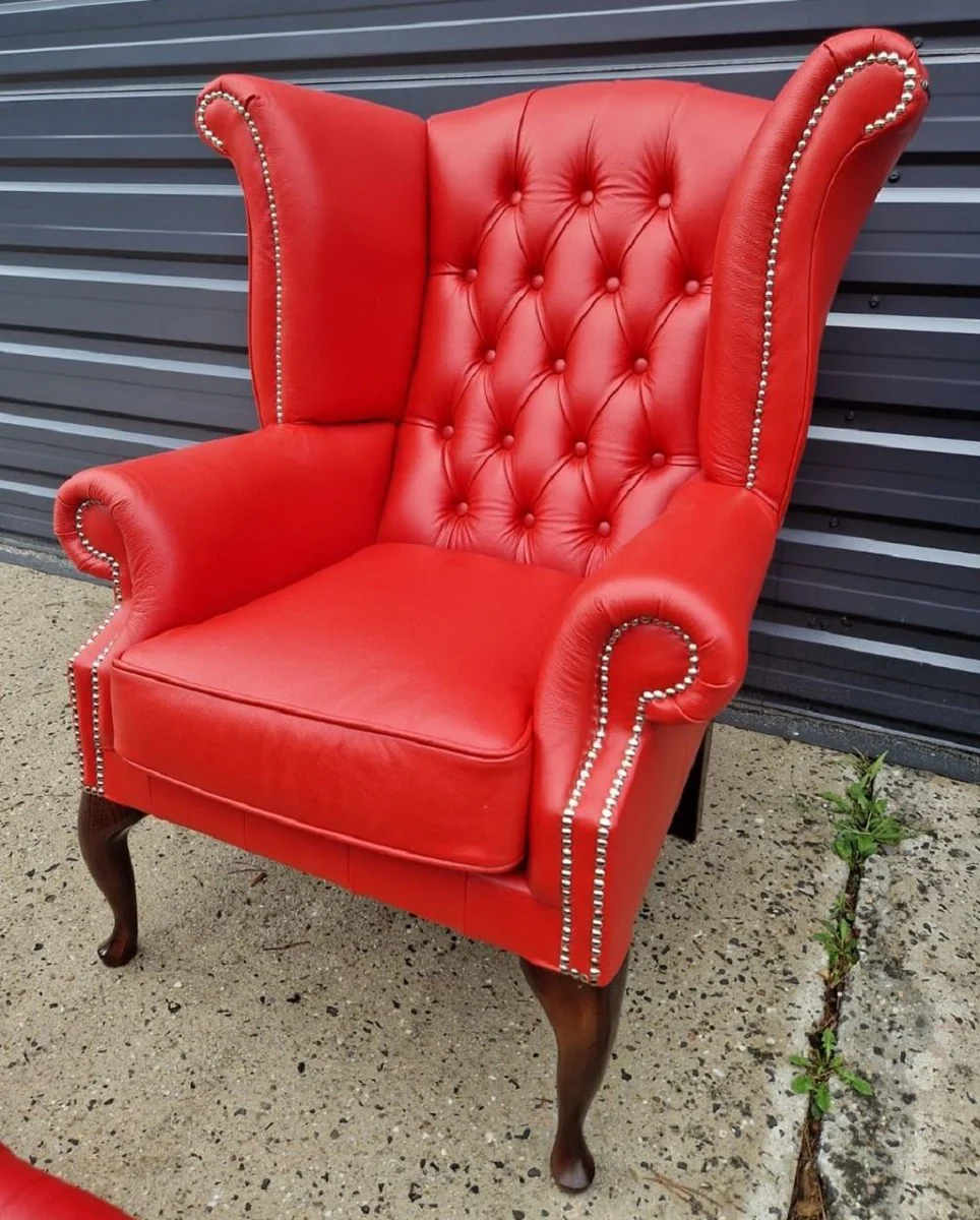 Luxury Chesterfield wing chair red / dark brown 98 x 90 x H. 110 cm - genuine leather Chesterfield living room armchair - living room furniture - Chesterfield furniture - luxury leather furniture