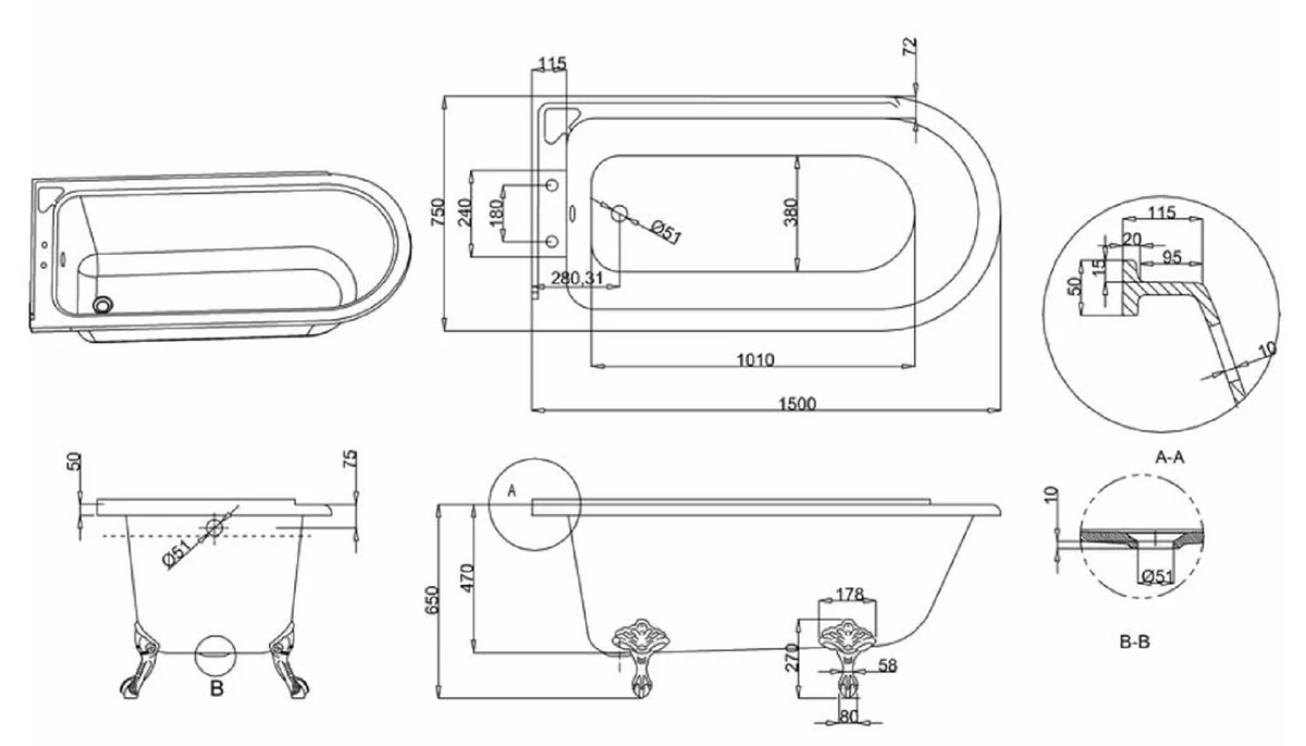 Luxury Art Nouveau bathtub white / silver 150 x 75 x H. 65 cm - Freestanding retro acrylic bathtub - Nostalgic retro bathroom furniture