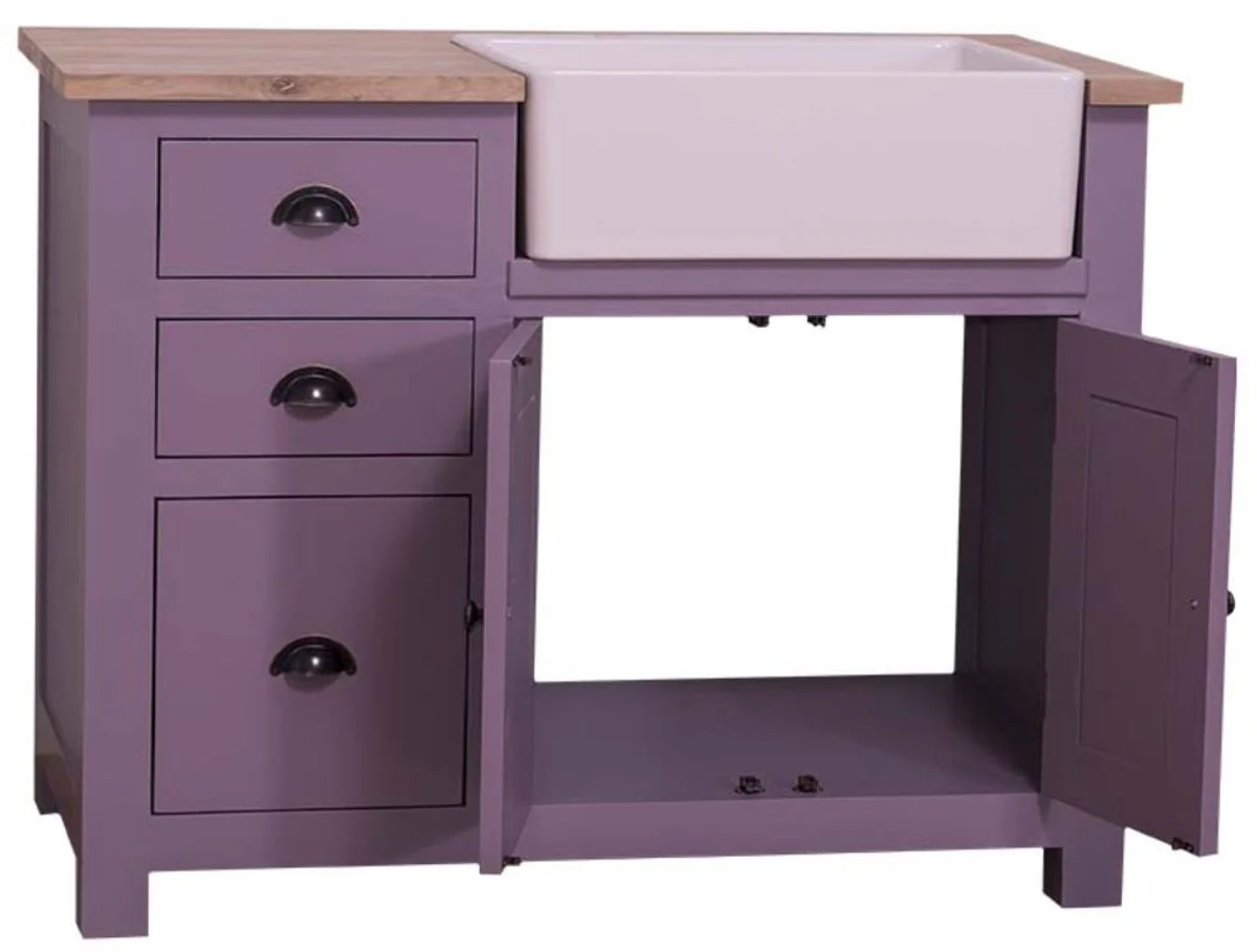 Country house style sink cabinet with 2 doors and 3 drawers purple / natural color 118 x 65 x H. 90 cm - country house style sink table