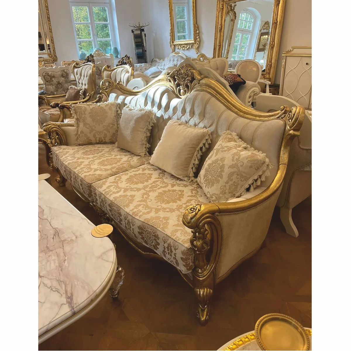 Luxury Baroque Living Room Sofa Cream / Gold 220 cm - Baroque Furniture