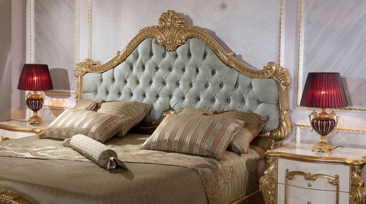 Luxury baroque bedroom set light blue / white / beige / gold - 1 double bed with headboard & 2 bedside chests - bedroom furniture in baroque style - noble and magnificent