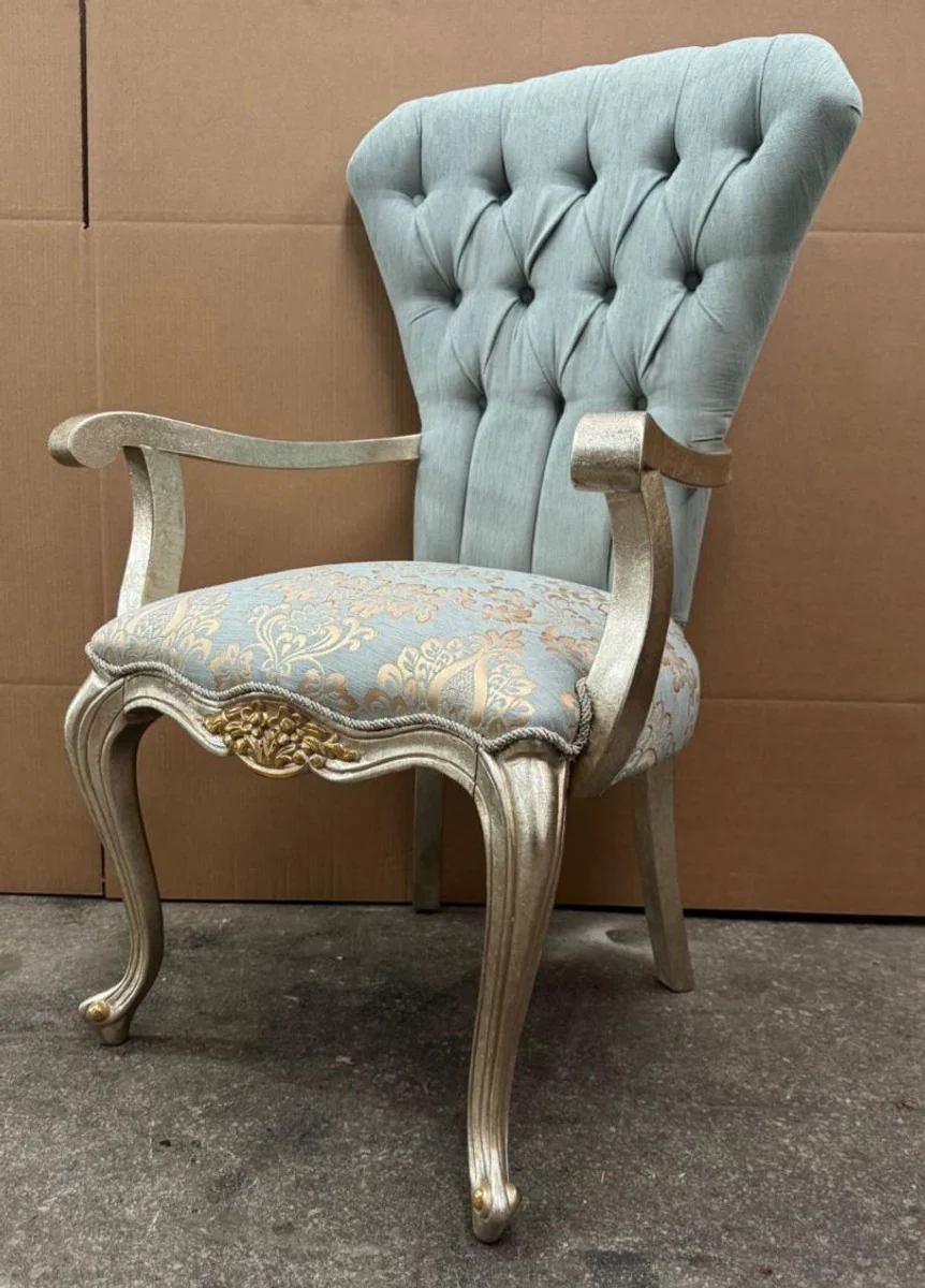 Luxury Baroque dining room chair with armrests turquoise / silver / gold - Baroque furniture