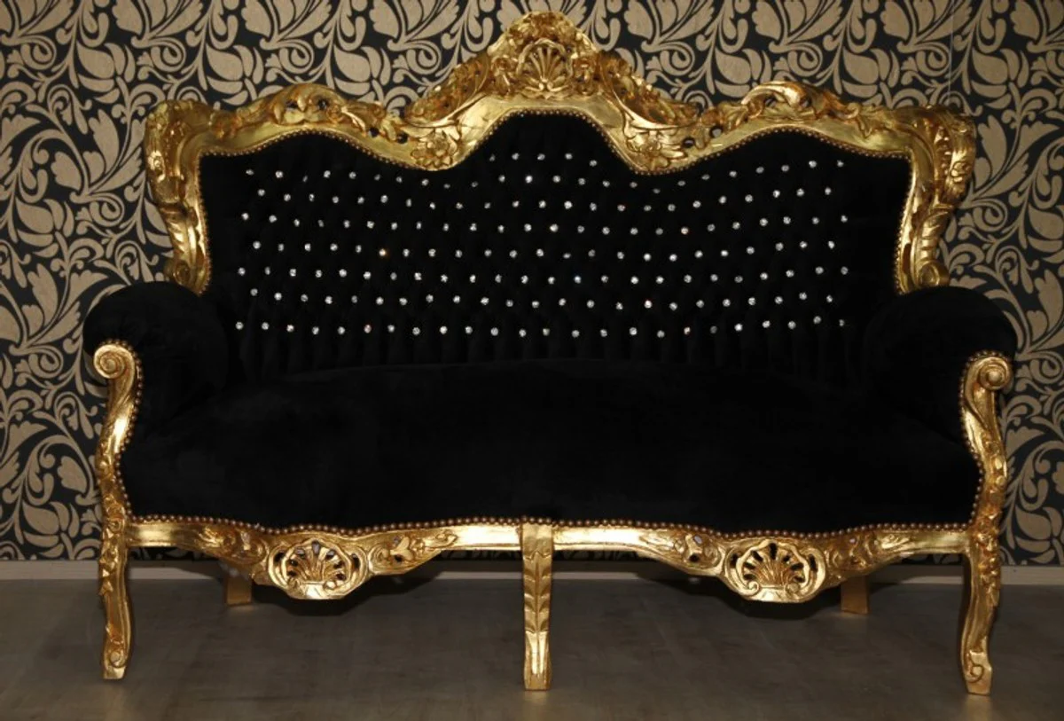 Baroque 2-seater sofa Master black / gold with bling bling glitter stones