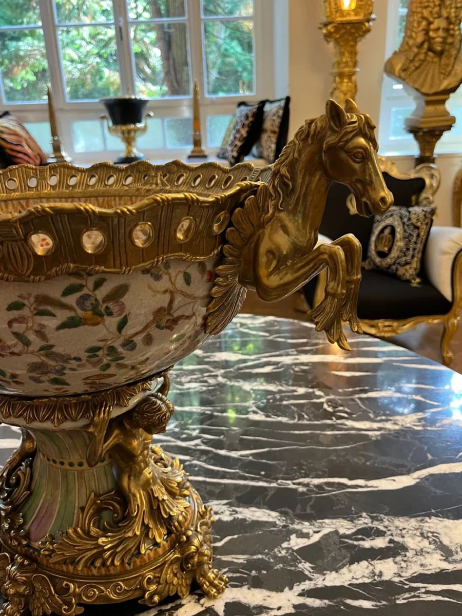 Art Nouveau porcelain bowl multicolored / brass 63 x 38 x H. 41 cm - Magnificent porcelain bowl - Baroque & Art Nouveau decorative accessories