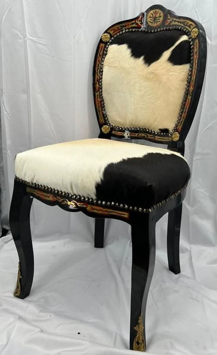 Baroque Boulle Dining Room Chair White / Black / Red / Gold - Magnificent chair with fine fur - Dining room furniture in the Baroque style - Baroque Interior - Baroque Boulle furniture