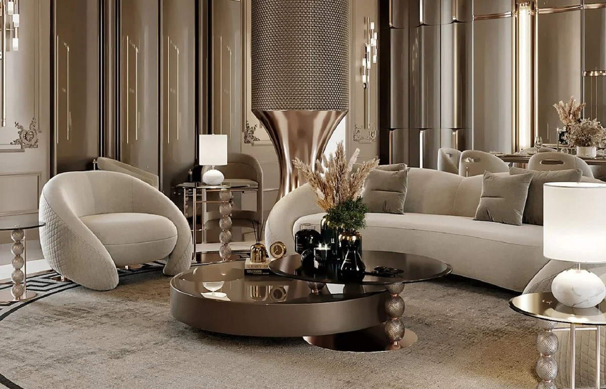 Luxury coffee table gray / copper / black 151 x 120 x H. 35.3 cm - living room table with glass tops - living room furniture - hotel furniture - luxury furniture - luxury furnishings