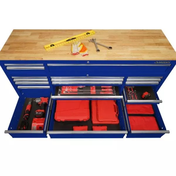 72 IN. 18-DRAWER MOBILE WORKBENCH WITH SOLID WOOD TOP IN GLOSS BLUE