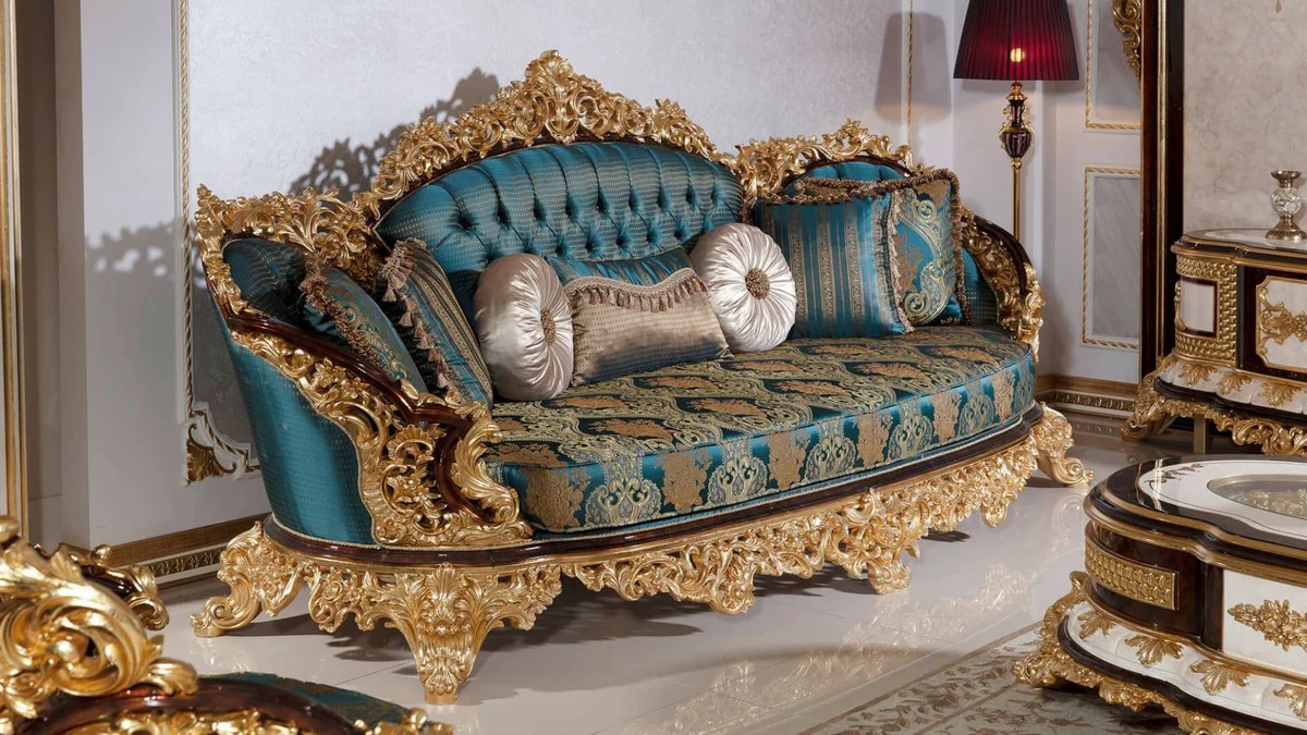 Luxury Baroque Living Room Set Blue / White / Brown / Gold - 2 Sofas & 2 Armchairs & 1 Coffee Table & 2 Side Tables - Handcrafted Living Room Furniture in Baroque Style - Noble & Magnificent