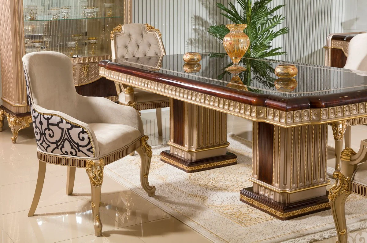 Luxury Baroque Dining Room Chair with Armrests Gray / White / Black / Gold H. 94 cm