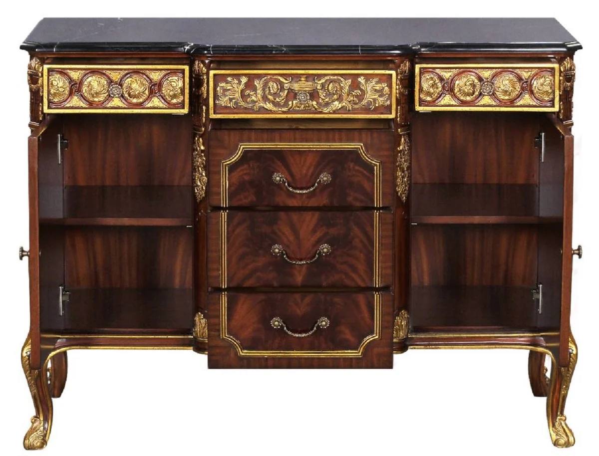 Luxury baroque solid wood chest of drawers with marble top dark brown / gold / black - magnificent baroque furniture