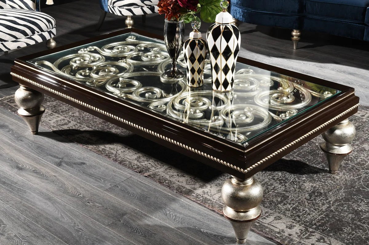 Luxury baroque coffee table dark brown / antique silver 167 x 92 x H. 48 cm - magnificent solid wood living room table with glass top - luxury quality