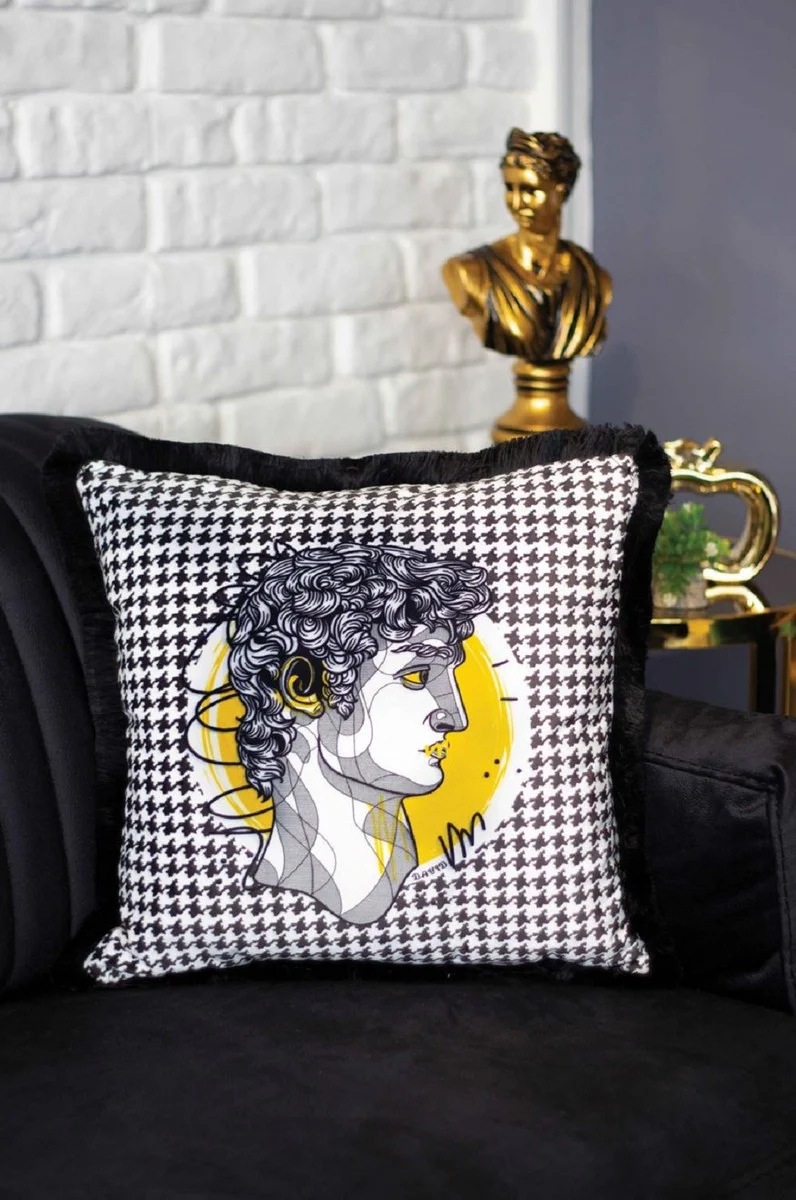 Luxury decorative cushion baroque bust white / gray / yellow / black 45 x 45 cm - printed velvet cushion with fringes - luxury decorative accessories
